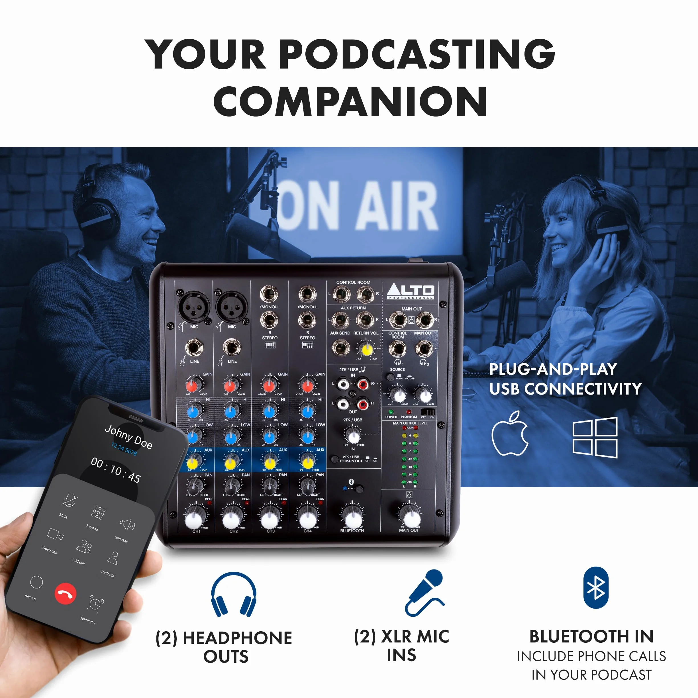 ALTO TrueMix 600 Mikser z 2 Wej. Mikr. XLR i Interfejsem USB Audio i Bluetooth do Podcastów, Występów, Streamowania, Nagrywania i DJ-ingu, PC, Mac