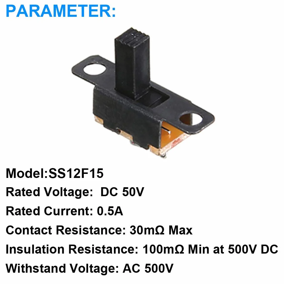 20 sztuk mini pionowych przełączników przesuwnych 1P2T SPDT 3 piny 2 pozycje DC50 V 0,5 A SS12D10 przełącznik z 20 sztukami mini panelowy przełącznik przesuwny wł./wył. SS12F15 przełącznik