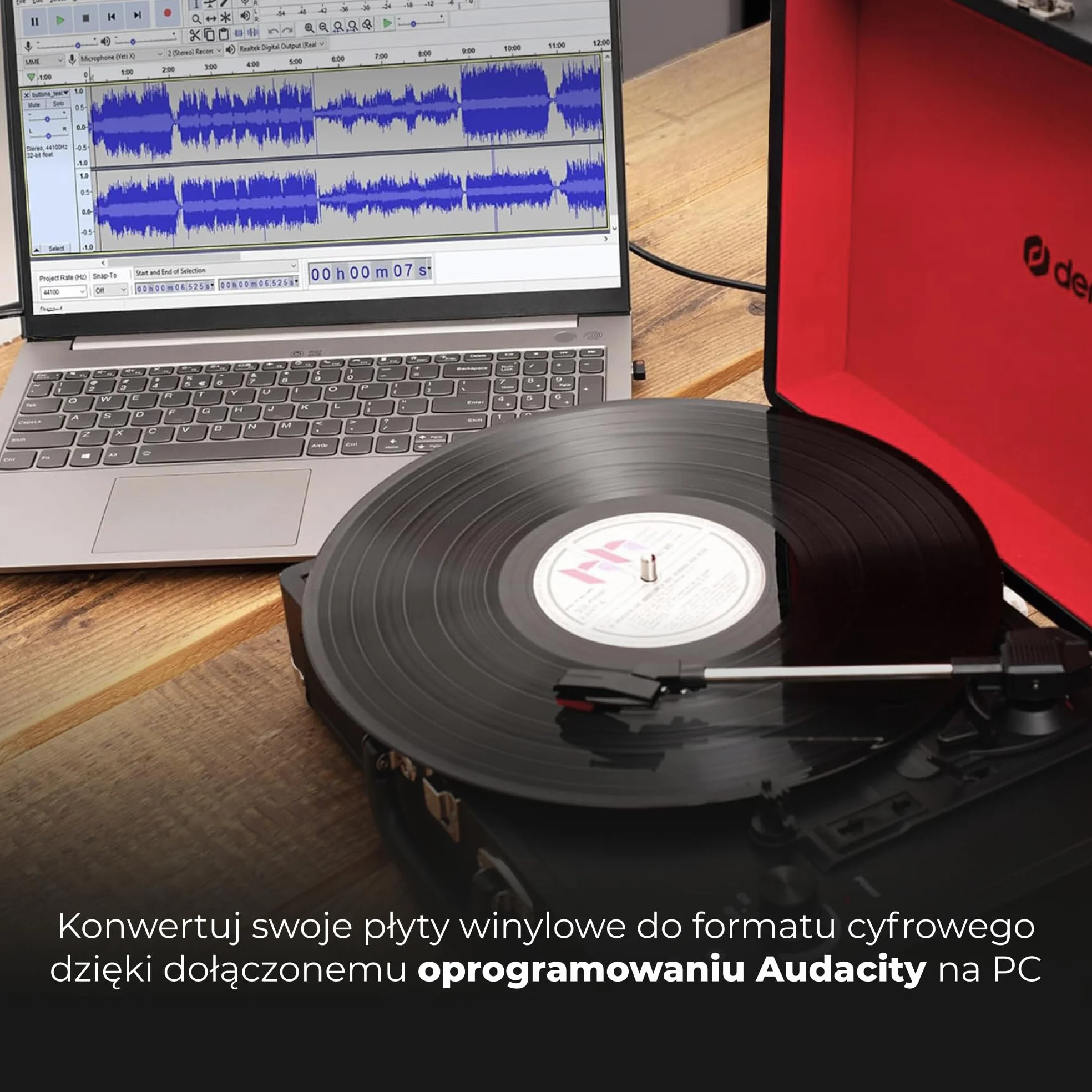Denver VPL-120BU gramofon retro niebieski odtwarzacz winylowy USB automatyczne zatrzymanie