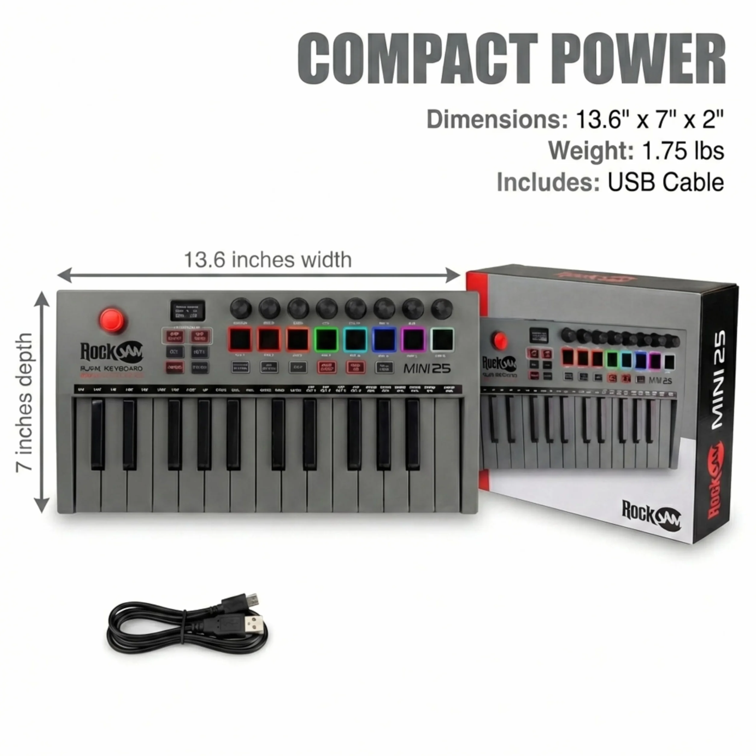 RockJam Go 25 kluczy USB i Bluetooth MIDI Keyboard Controller z 8 podkładkami perkusyjnymi tylnymi, 8 Knobs