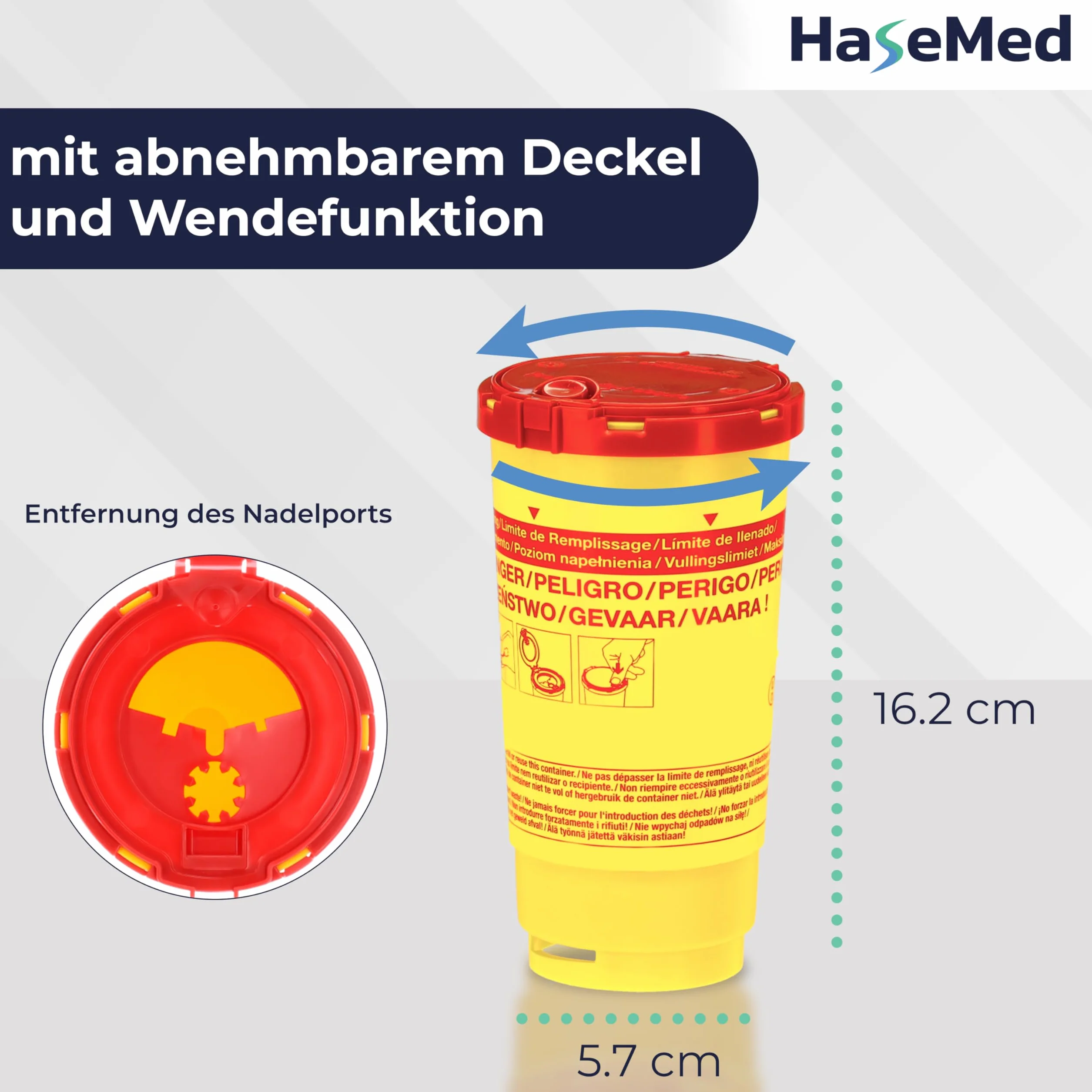 HaseMed Biohazard pojemnik na odpady z igłami, strzykawkami i ostrymi przedmiotami, bezpieczny, higieniczny, z czerwoną pokrywką, do klinik i placówek opieki (500 ml)