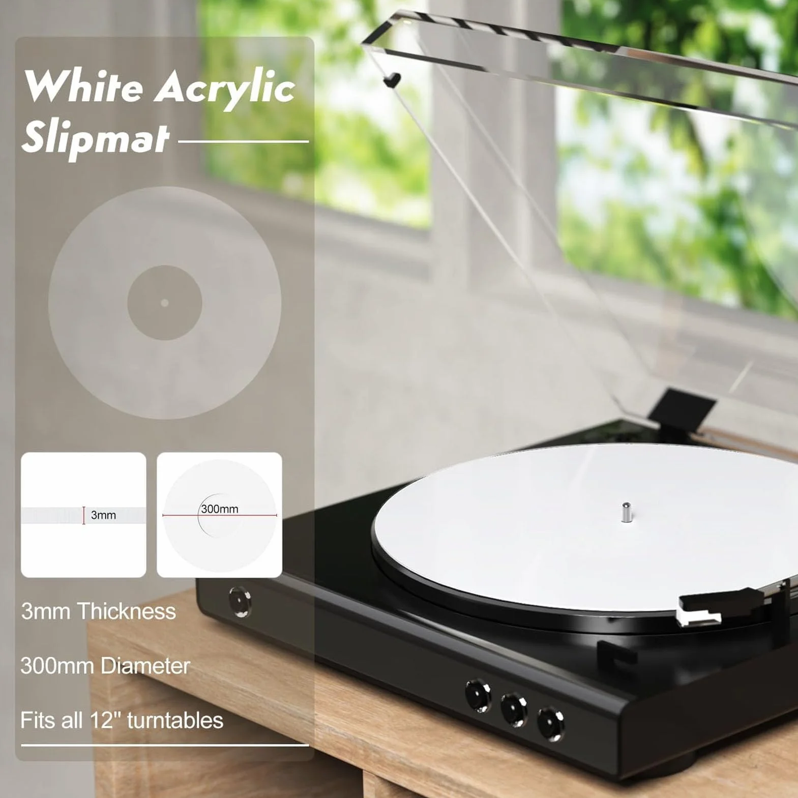 Akrylowa Mata Gramofonowa, Zamiennik Talerza Płytowego Slipmat dla Wszystkich Standardowych 12-calowych Gramofonów, Redukcja Statycznego Hałasu Kurzu (WHITE)