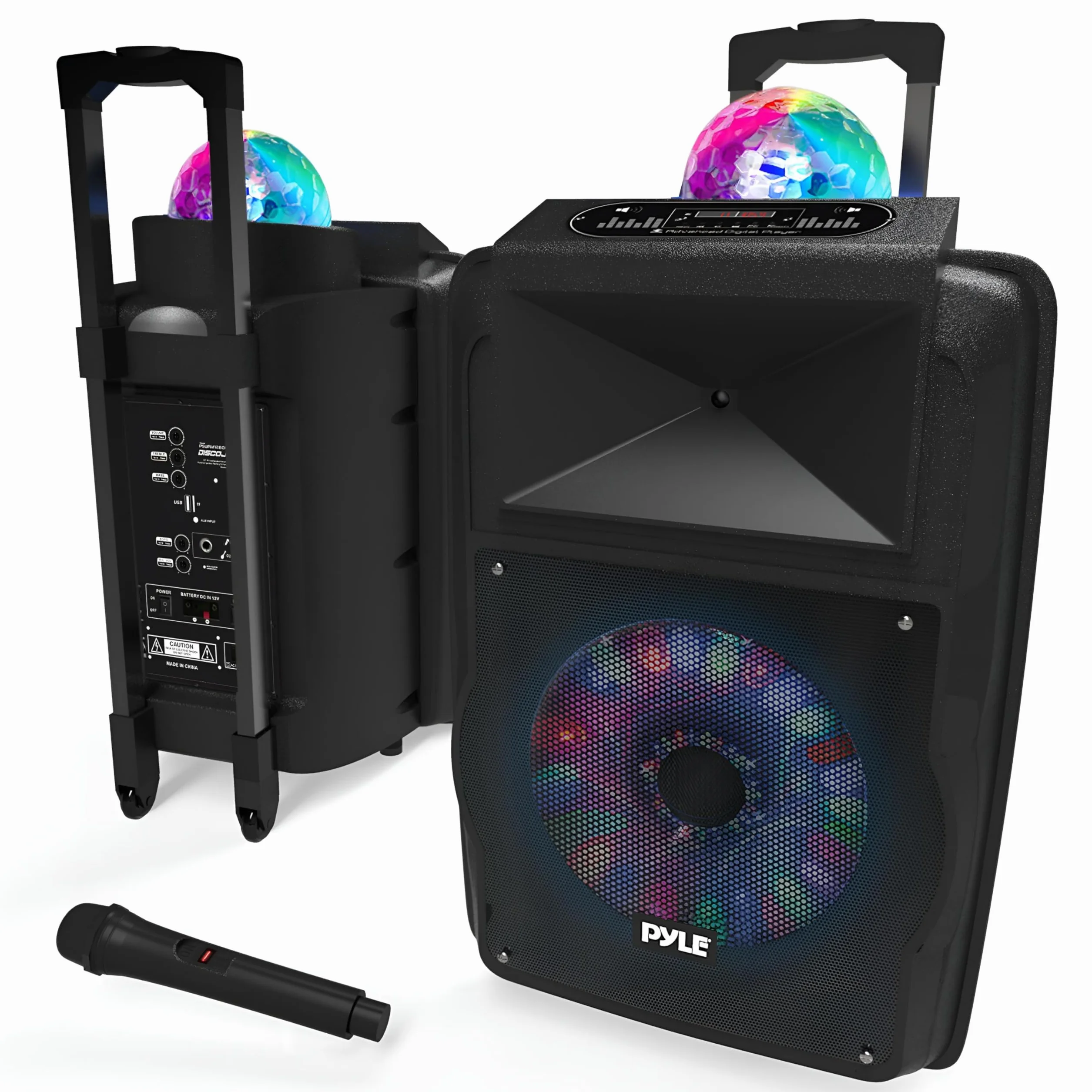 Pyle Głośnik Bluetooth 700 W aktywny przenośny z akumulatorem do karaoke zestaw mikrofonów MP3 USB micro SD radio FM AUX światła DJ