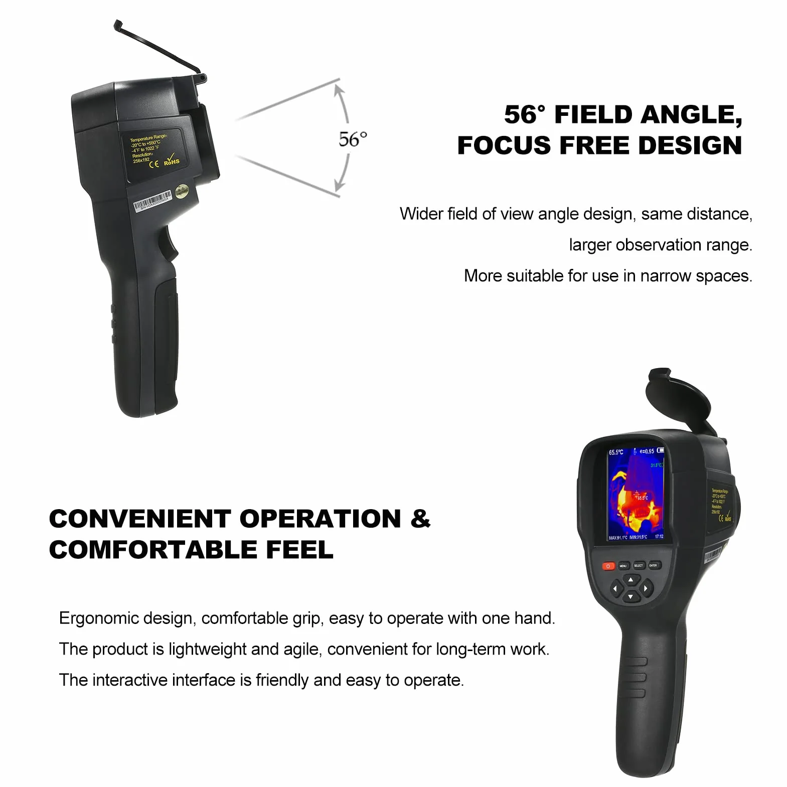 HT-H18+ kamera termowizyjna na podczerwień 2000 mAh Reable Handheld IR Thermal Imager -20 ~ 550℃/-4~550℃ Temperatura 256 x 192 Rozdzielczość z 3,2-calowym ekranem LCD, 5 palet kolorów