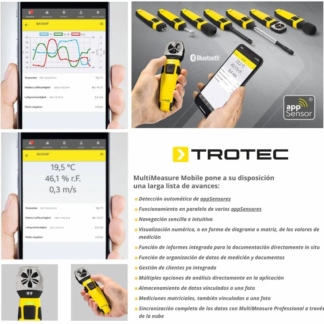 TROTEC Przenośny anemometr BA16WP, miernik prędkości wiatru, temperatury i wilgotności, aplikacja mobilna wielofunkcyjna, kompaktowa, dokładne wyniki