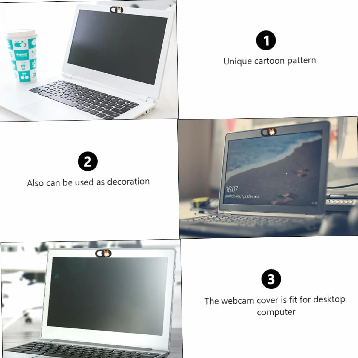 3kawałki Osłona Kamery Internetowej Szt z Unikalnym Wzorem Psa Przesuwna Pokrywa Do Laptopa i Tabletu Uniwersalna Osłona Prywatności Materiał Dekoracyjny Design Cienka i