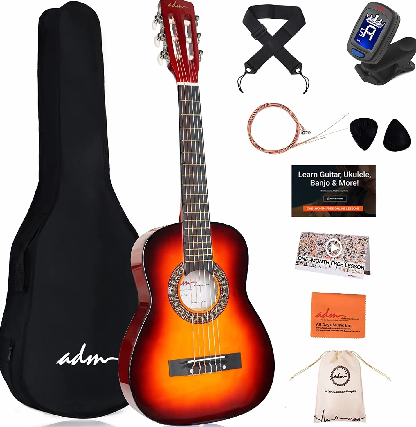 ADM Klasyczna gitara akustyczna dla dzieci, młodzieżowa gitara dla początkujących z 8 akcesoriami, mini gitara o rozmiarze 1/4, dobry prezent na Boże Narodzenie (błyszczący rozbłysk słońca, 76 cm)
