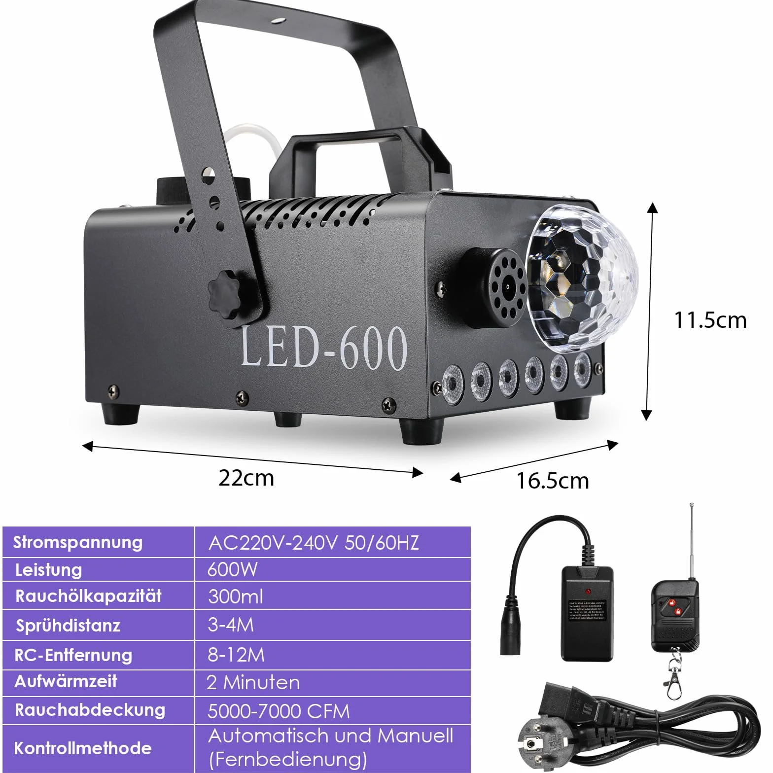 Fog Machine 600W 5000 CFM z Kulą Dyskotekową 6 LED RGB, Wytwornica Dymu