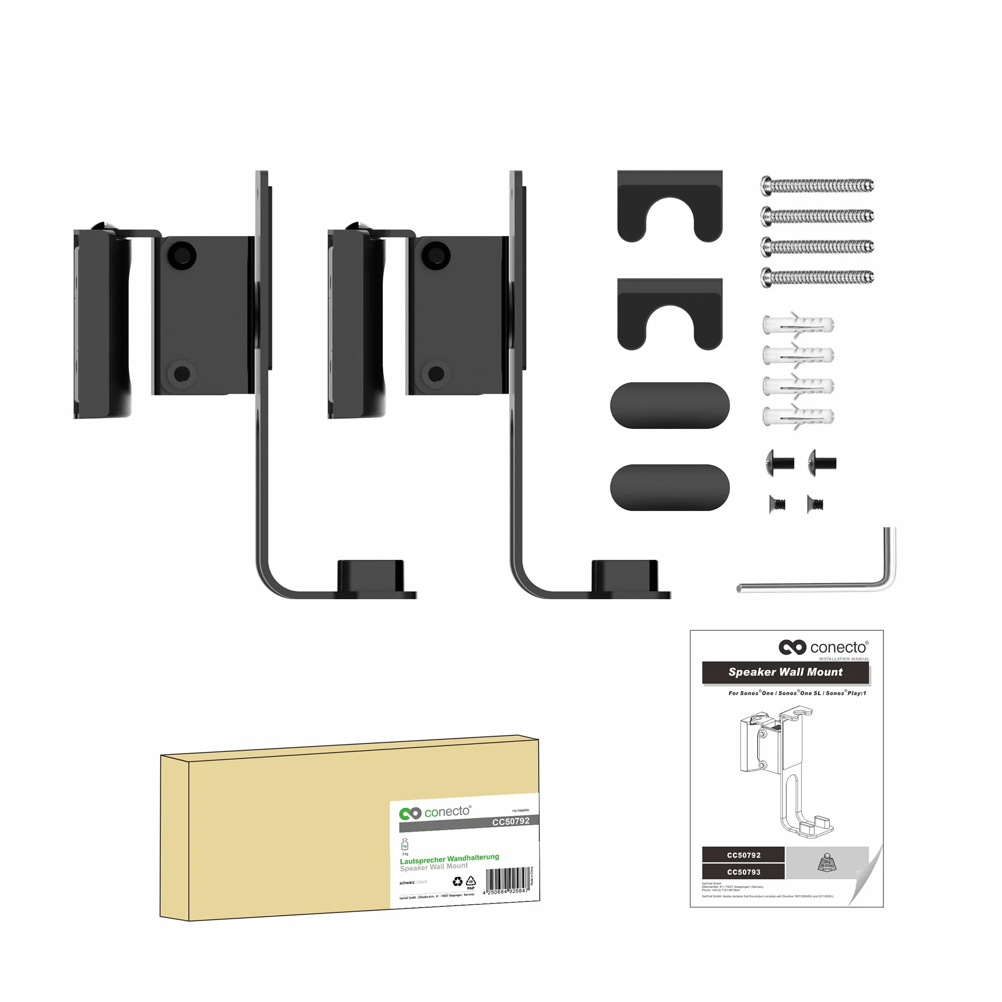 conecto Uchwyt ścienny na głośnik, kompatybilny z Sonos® One, Sonos® One SL, Sonos® Play:1, nośność: 3 kg, zestaw 2 szt., czarny