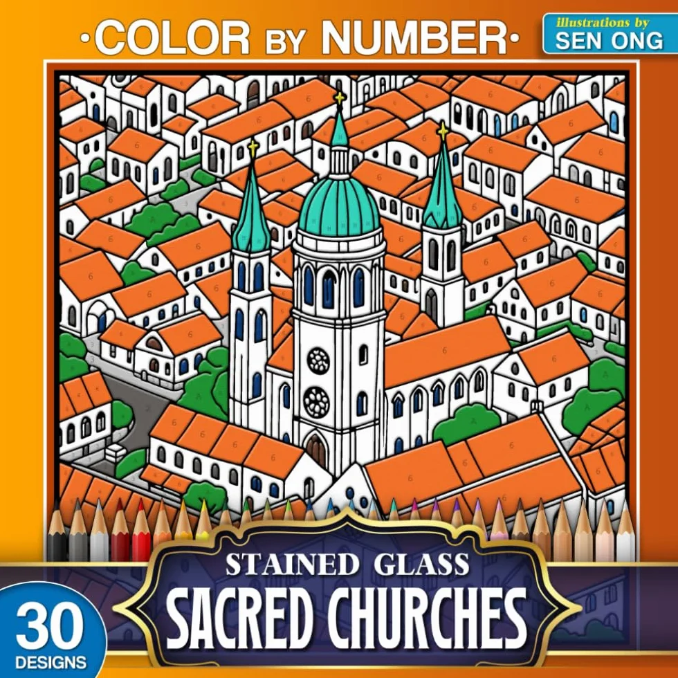 Sacred Churches Stained Glass Color by Number: 30 Stunning Scenes of Iconic and Serene Cathedrals