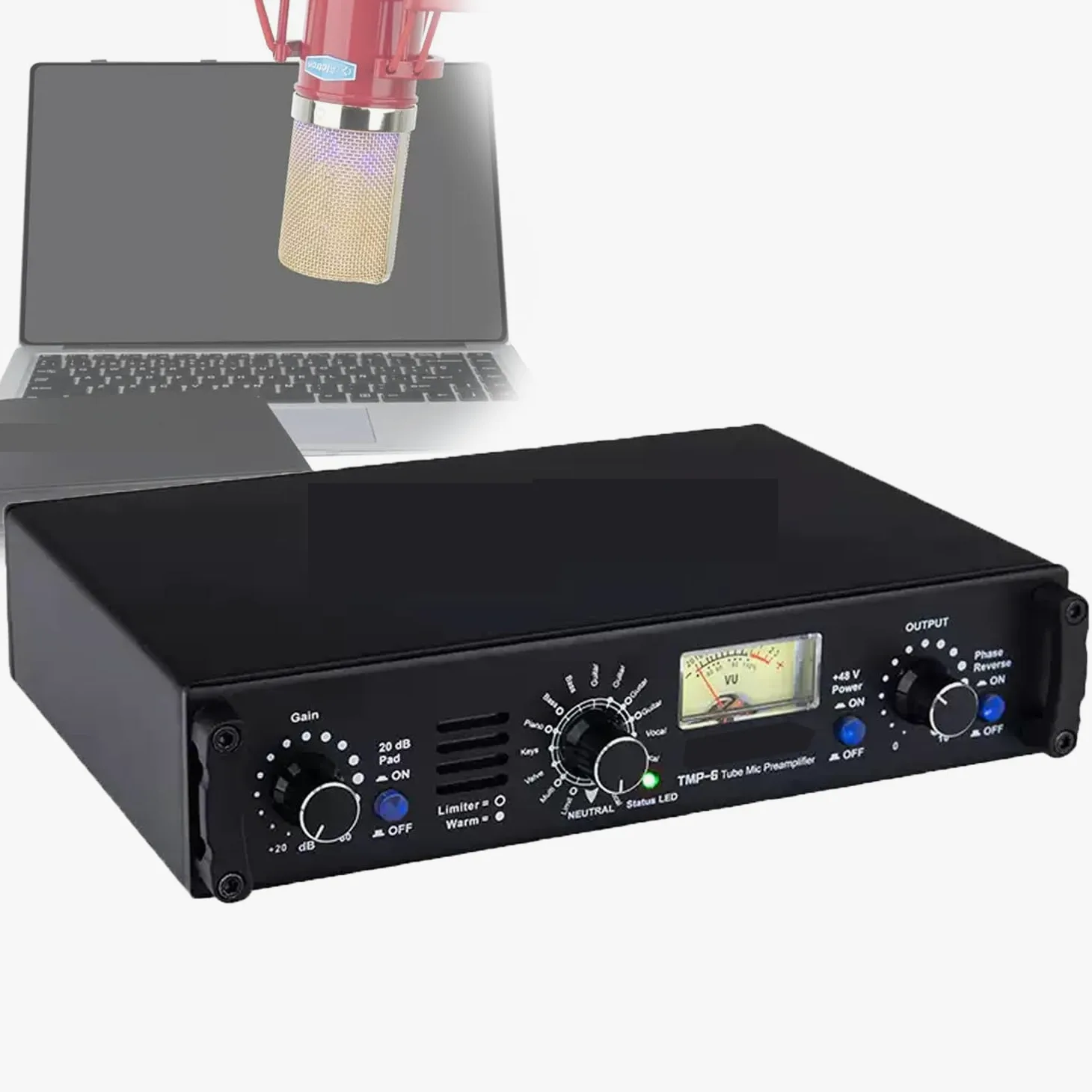 Przedwzmacniacz mikrofonowy lampowy, wzmocnienie mikrofonu 60 db, z miernikiem VU, 16 tonów, zasilacz 48 V, do nagrywania w studiu, podcastów
