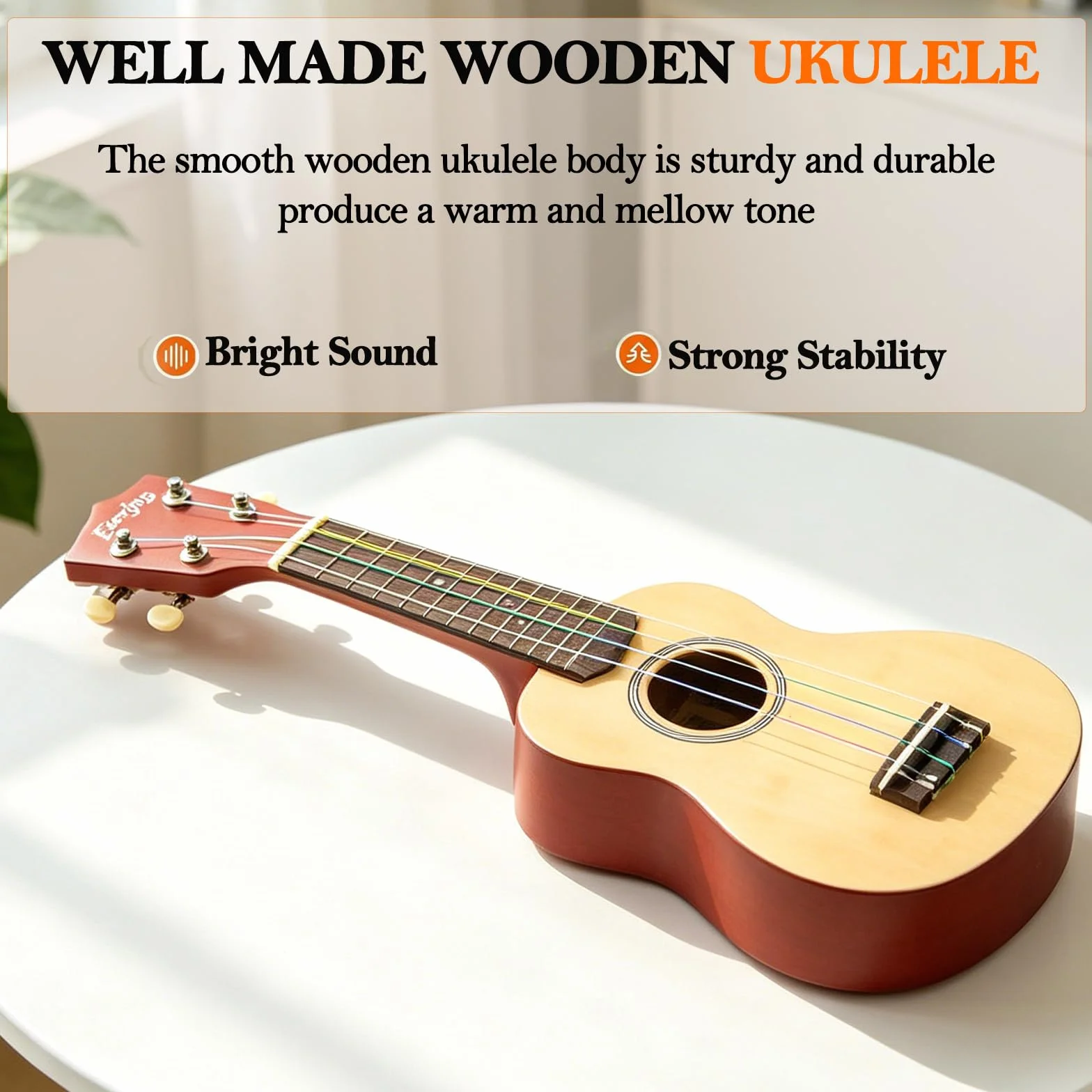 Everjoys Ukulele sopranowe, zestaw startowy dla dzieci i dorosłych, 21 cali, z torbą, tunerem, piosenkami, strunami, pickiem, mała gitara hawajska, natura