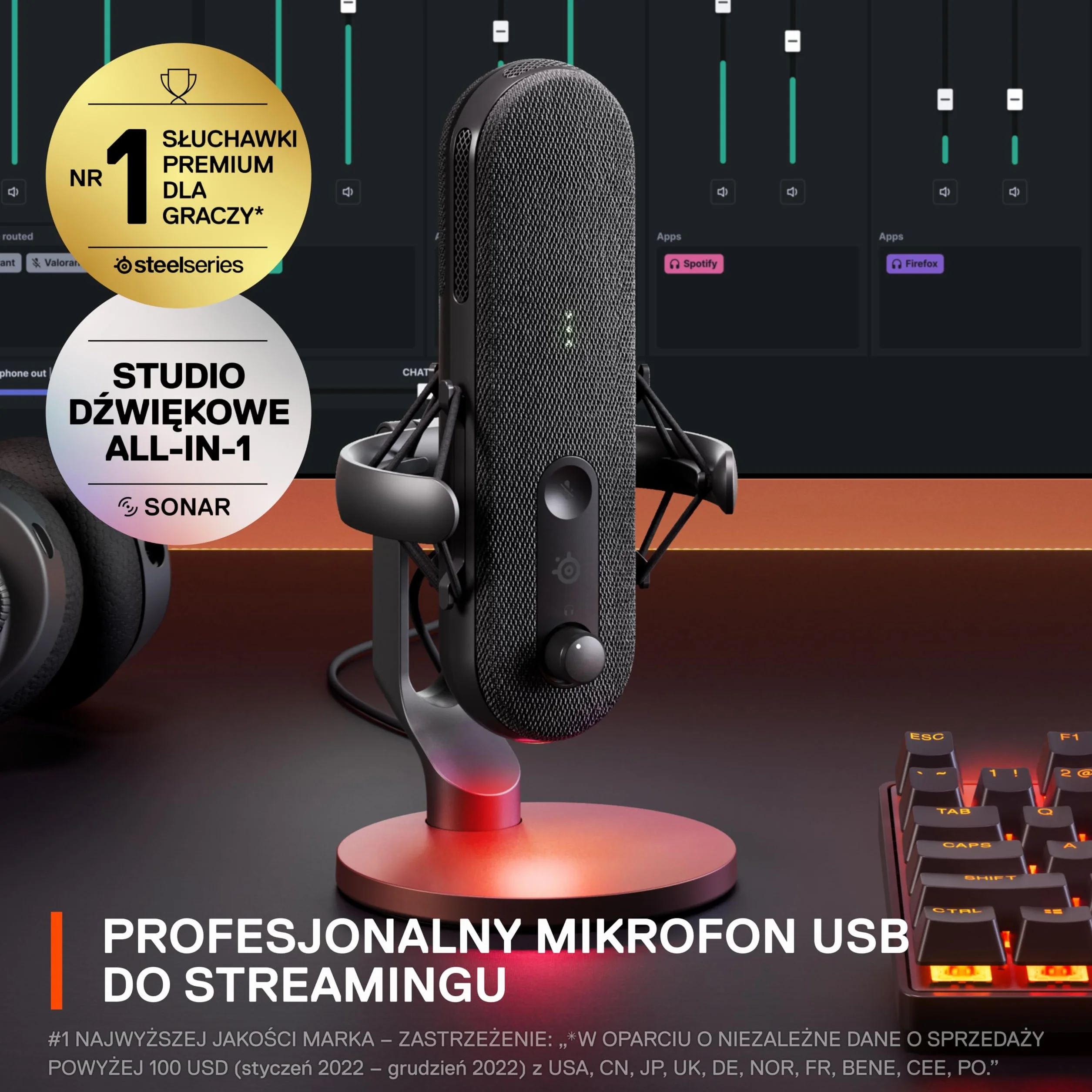 SteelSeries Alias Mikrofon USB do komputera PC — 3 razy większa kapsuła do gier, streamingu i podcastów — Redukcja szumów SI — Dioda LED monitorowania poziomu i wyciszenia — Kosz antywibracyjny