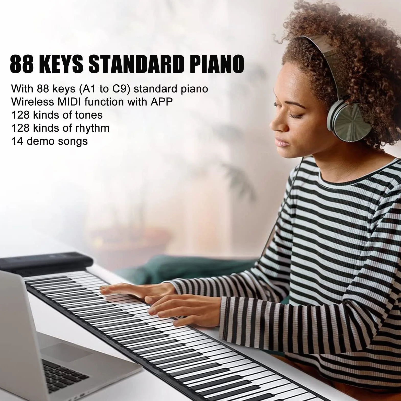 88 Klawiszy Zwijana Klawiatura Fortepianowa, 28 Tonów 128 Rytmów 14 Utworów Demonstracyjnych, Cyfrowy Wyświetlacz LED z Funkcją MIDI Bluetooth, Składany Przenośny Pianino Elektryczne(Czarny)