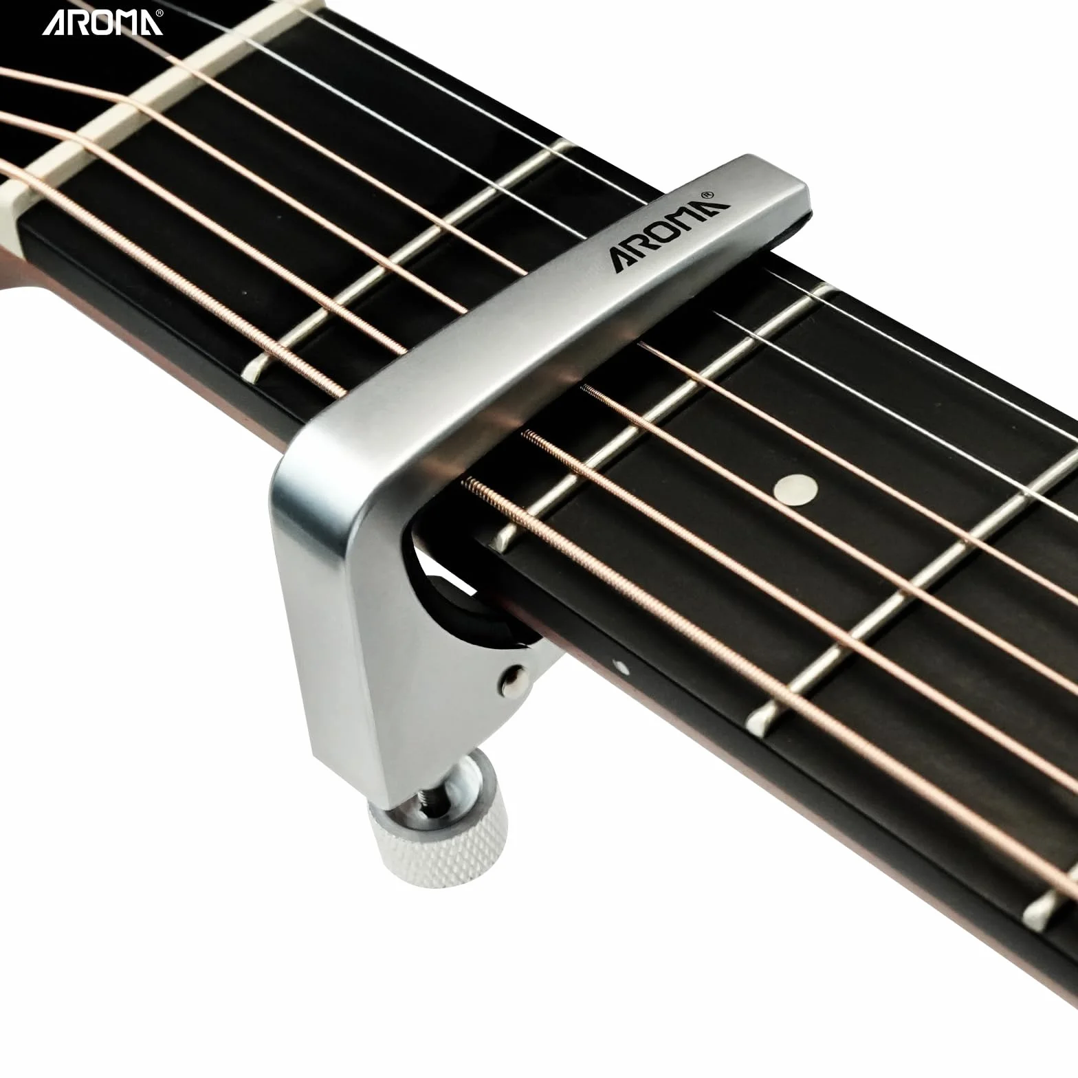 Aroma Profesjonalny Kapodaster do Gitary z Regulacją Napięcia do 6-Stringowych Gitar Akustycznych i Elektrycznych Bez Brzęczenia, Szybkie Zdejmowanie, Stop Cynku (srebrny)
