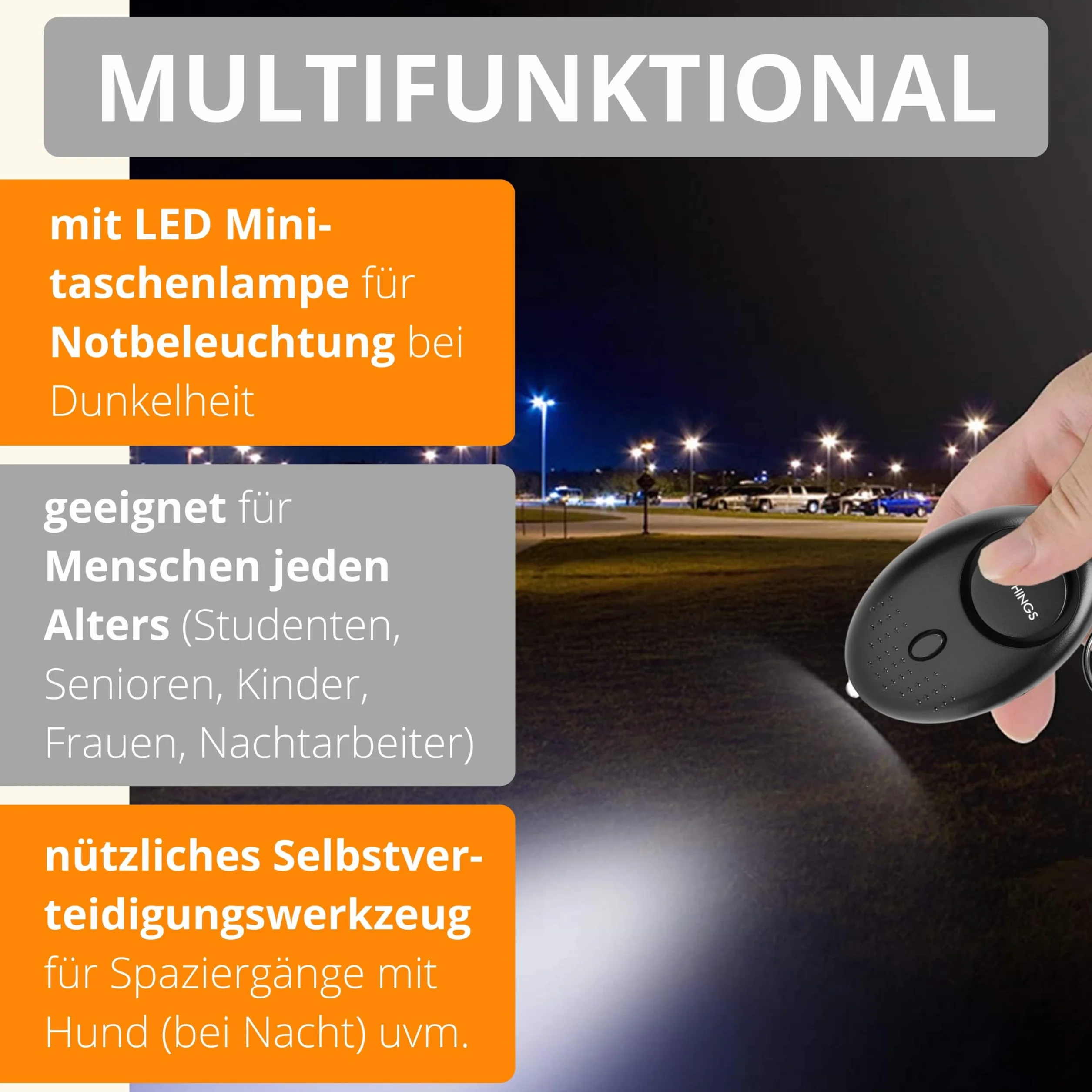 AMATHINGS Zestaw bezpieczeństwa 2w1: 130 dB alarm kieszonkowy i ergonomiczny Kubotan – kompleksowa ochrona dla kobiet i seniorów – Dyskretny zestaw do samoobrony do torebki i breloczka – Czarny