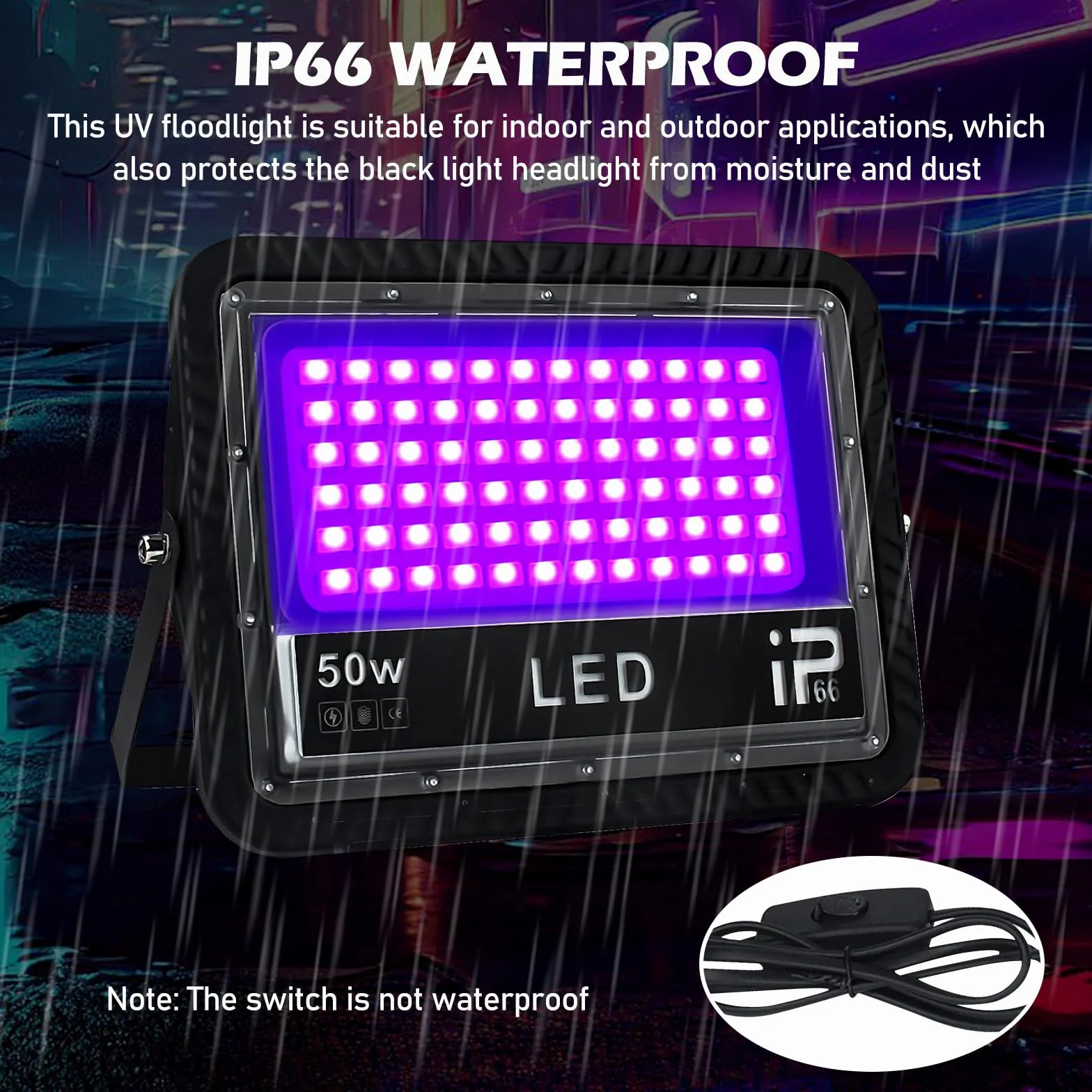 2 sztuki reflektorów UV LED z czarnym światłem 50 W, reflektor LED UV, wodoszczelny, czarne światło, światło UV z przełącznikiem, nadaje się na imprezy, oświetlenie sceniczne, malowanie ciała, wystawy