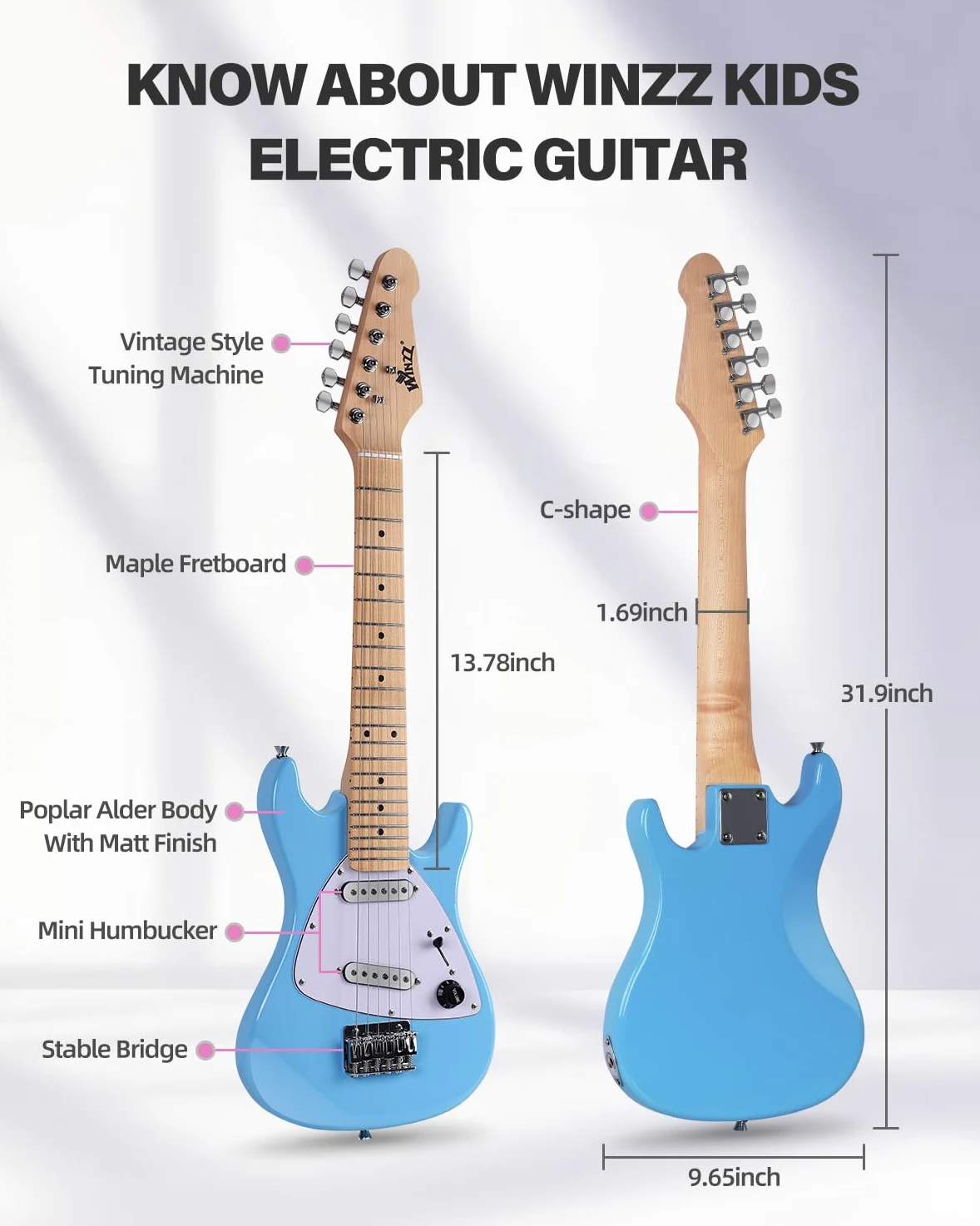 Winzz Zestaw dla początkujących, gitara elektryczna dla dzieci, rozmiar 1/4, mini gitara elektryczna dla dzieci, kompletny zestaw ze wzmacniaczem, błyszczący niebieski kolor