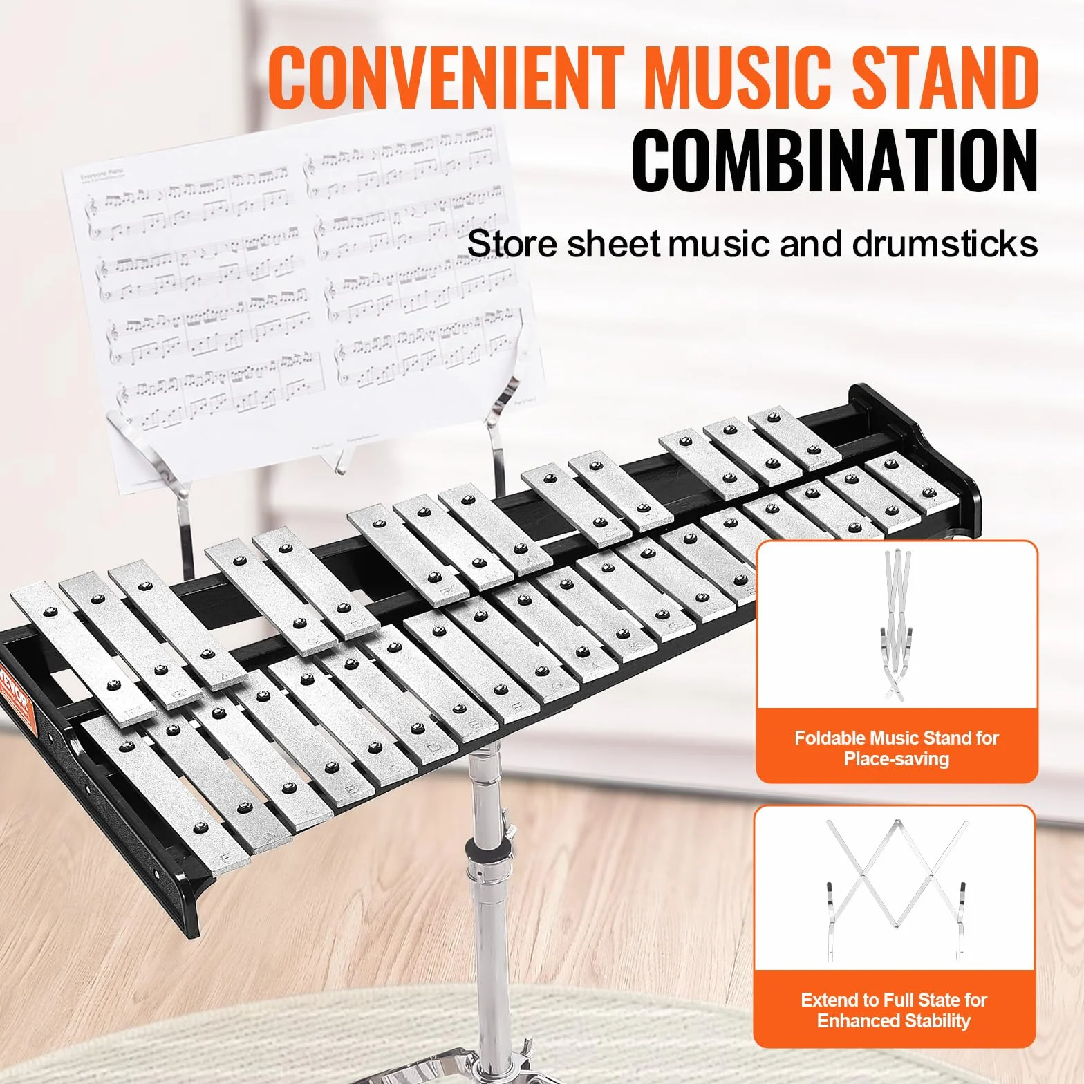 VEVOR Zestaw do ksylofonu Glockenspiel z 32 notatkami, profesjonalny instrument perkusyjny z młotkami, pałeczkami, regulowanym wspornikiem, torbą do przenoszenia, zestaw instrumentów edukacyjnych dla