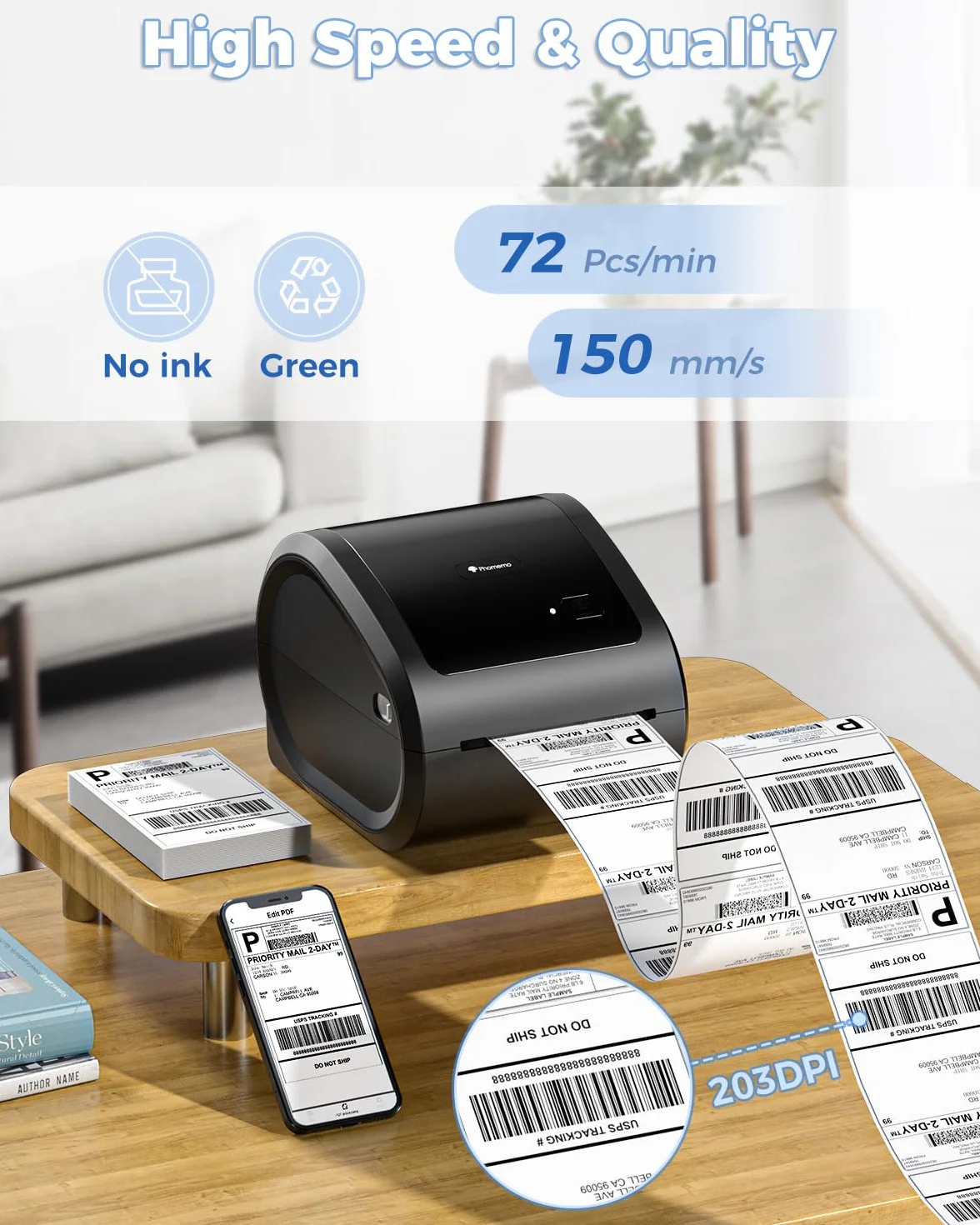 Phomemo Bluetooth Termiczna Drukarka Etykiet,D520BT Drukarka Etykiet Adresowych 4x6,Bezprzewodowa Drukarka Etykiet do Opakowań,Przesyłek,Logo,Kompatybilny z Ebay,Etsy,Amazon,Shopify Itp(Cały Czarny)
