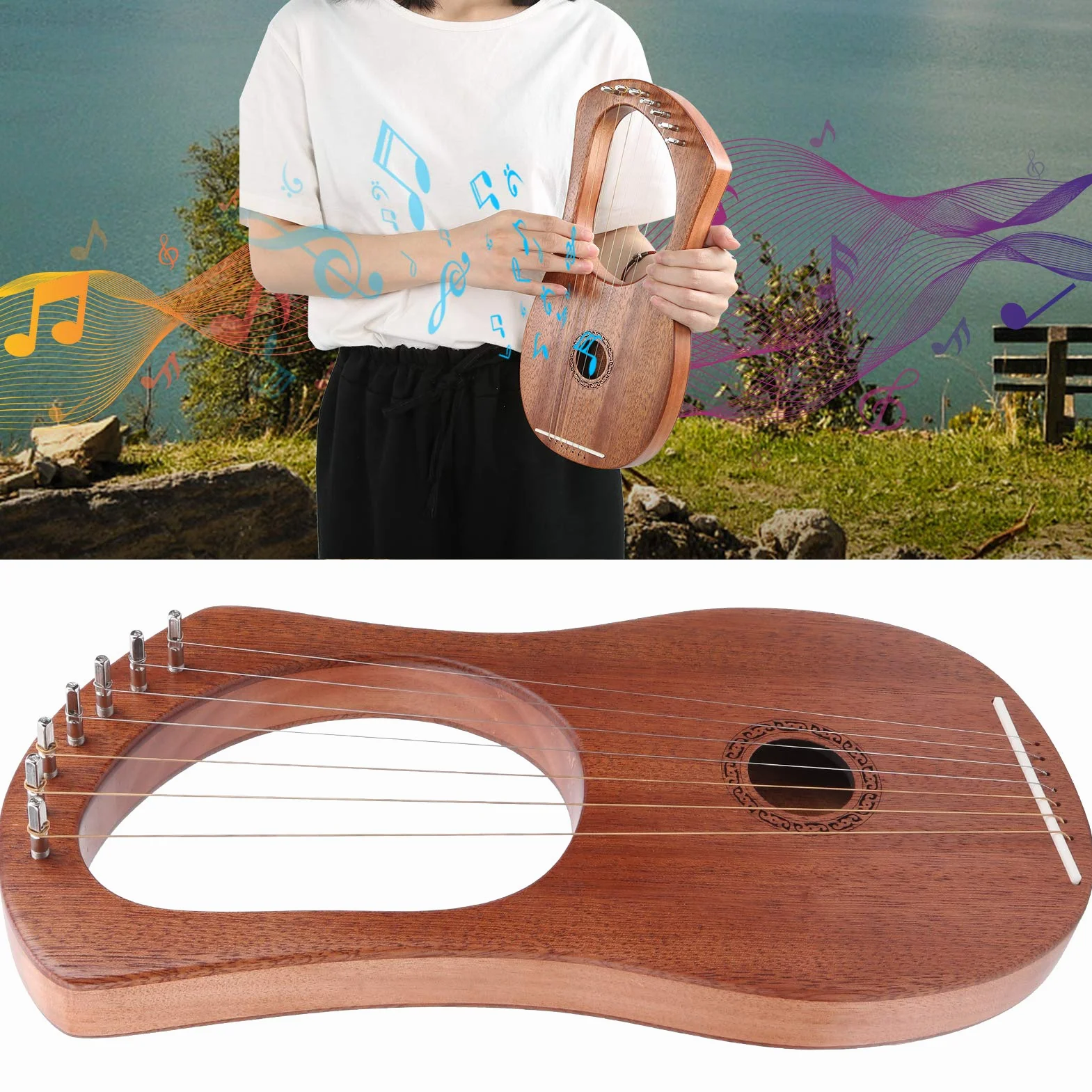 Wciągarka do harfy, metalowe struny Piękne i gładkie dźwięki Wciągarka Harfa Palisander Trwała stabilna struna Przenośny klucz obrotowy drewniany 7 metalowych instrumentów strunowych nurkowanie