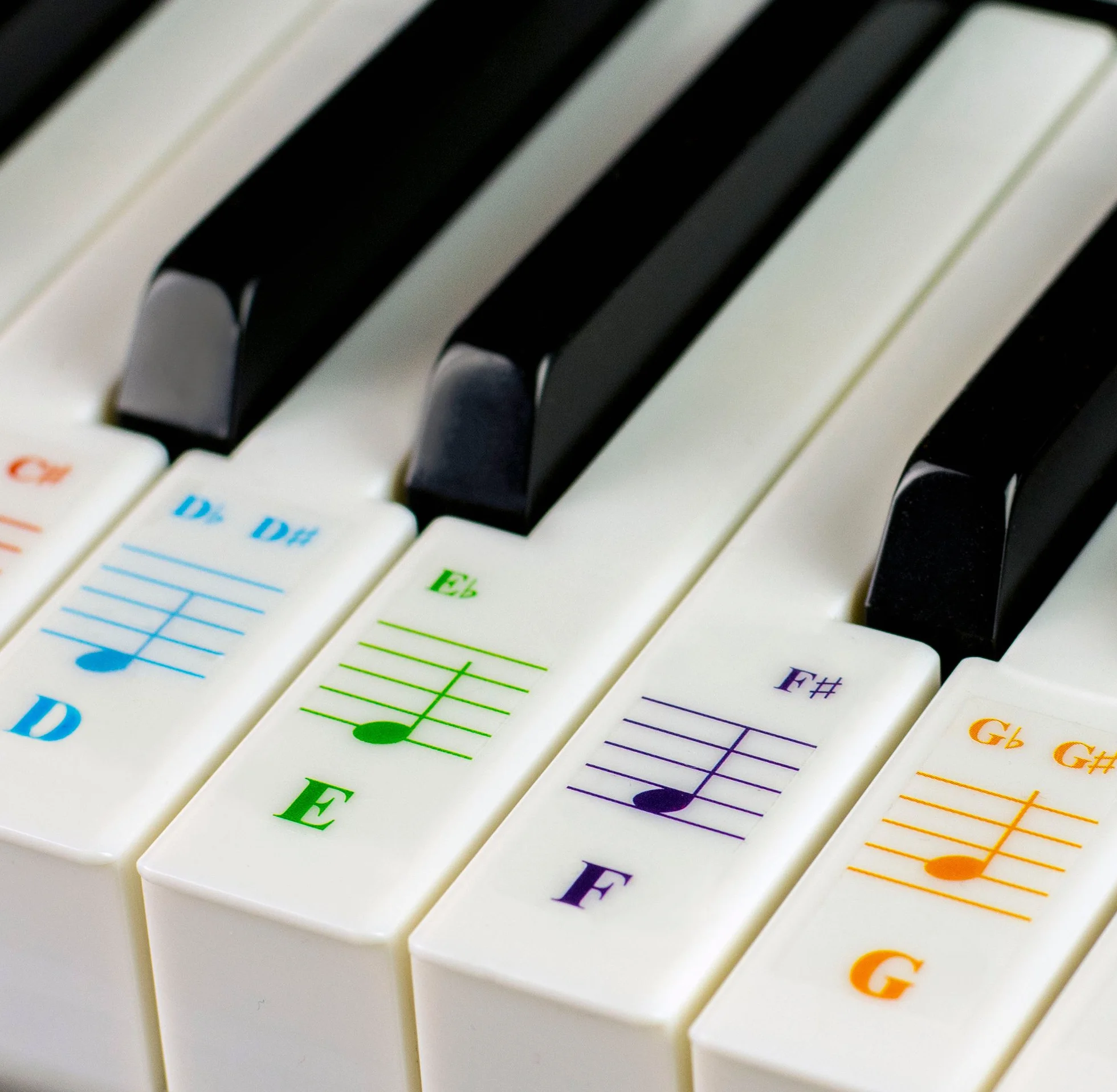 Kolorowe naklejki fortepianowe do klawiszy 88/76/61/54/49/37 – przezroczyste i zdejmowane: Wyprodukowano w Stanach Zjednoczonych.
