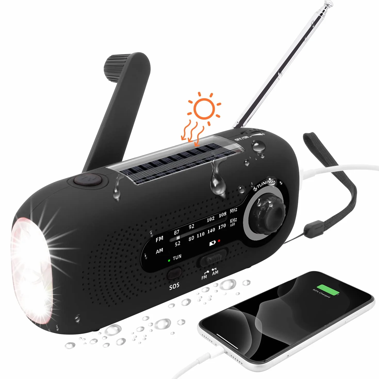 Journy Solar Radio, radio korbowe, radio awaryjne korby, radio dynamo z AM/FM, wbudowana bateria 2000 mAh, 4 tryby latarki LED, alarm SOS dla sytuacji awaryjnych na zewnątrz