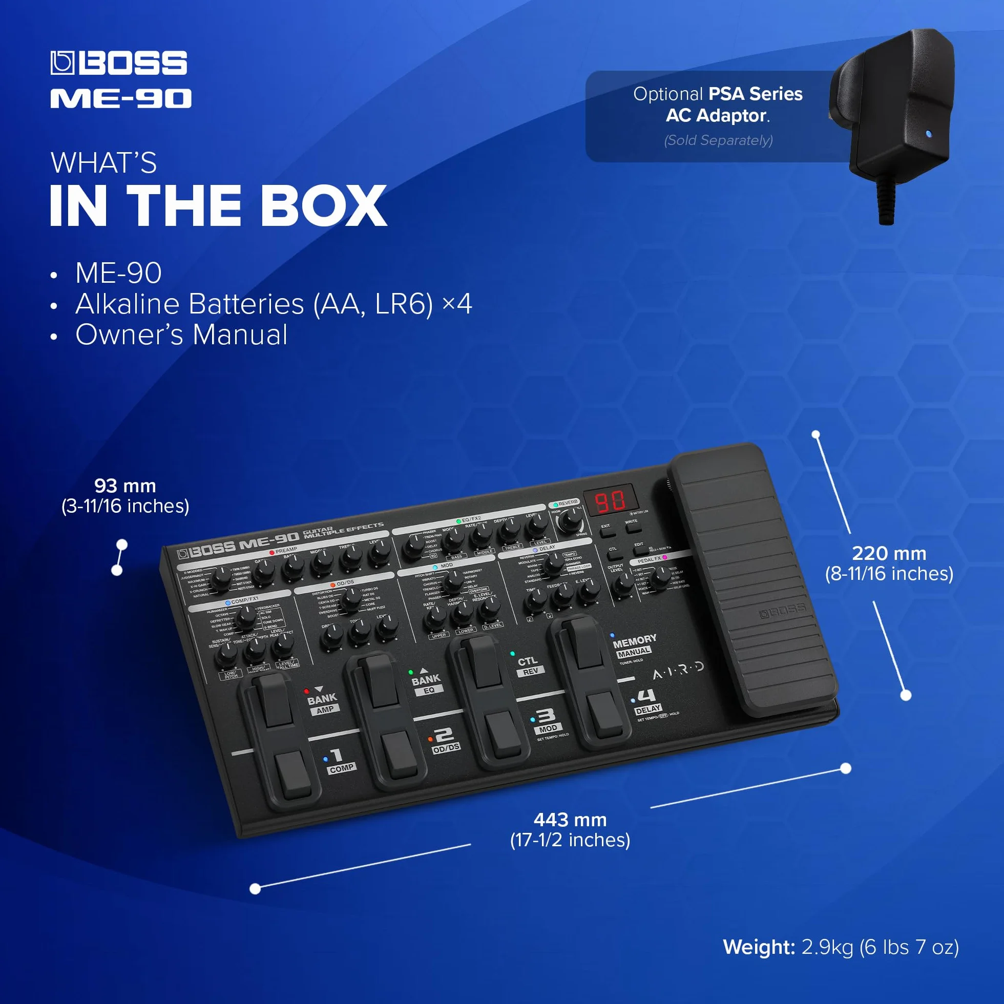 BOSS ME-90 Multiefekt Gitarowy | Uniwersalny Procesor Gitarowy | 11 Wbudowanych Modeli Wzmacniaczy AIRD | 60 Efektów pochodzących z GT-1000 | 8 Wielofunkcyjnych Przełączników Nożnych