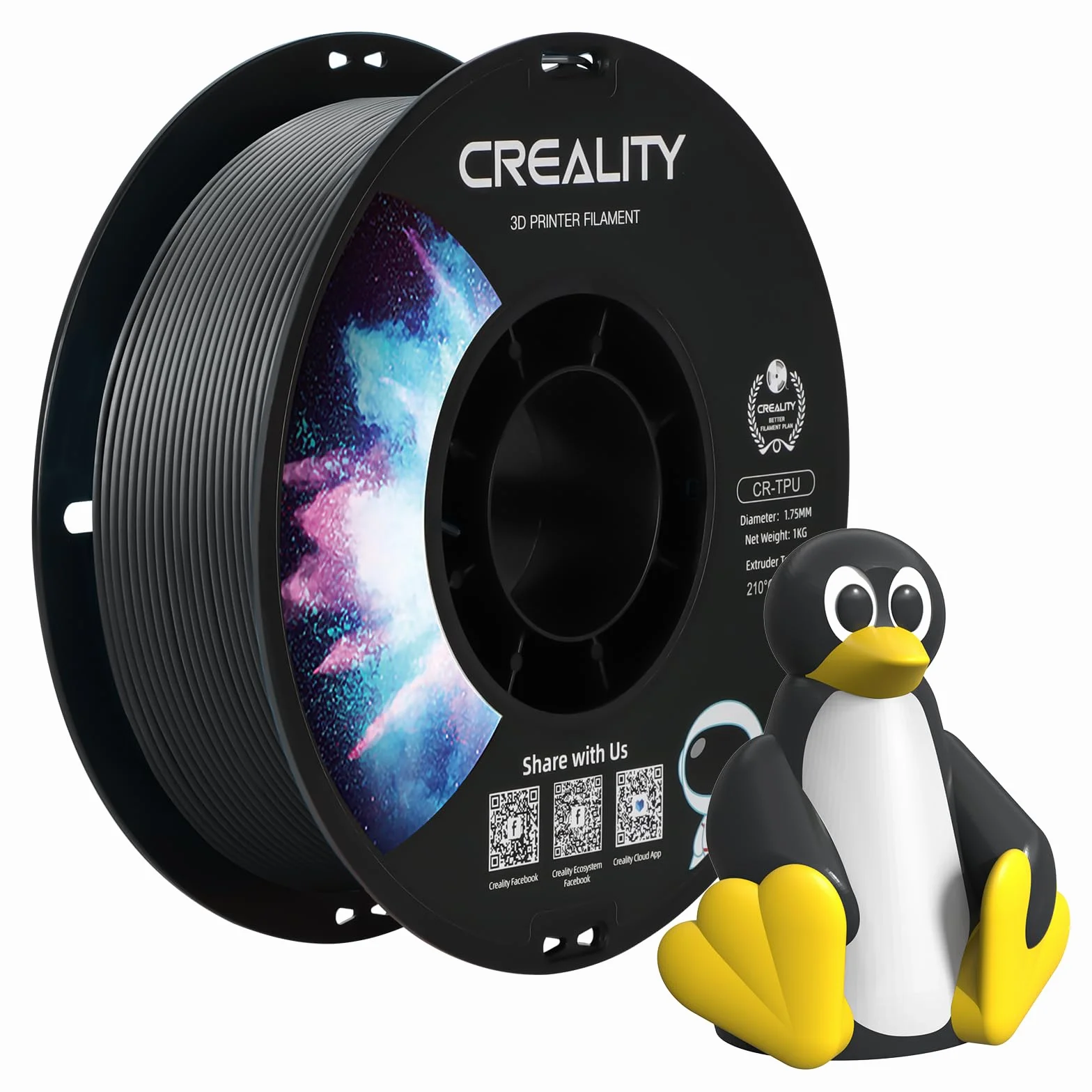 Creality Oficjalny filament TPU 1,75 mm, filament TPU czarny, twardszy i wytrzymalszy do drukarek 3D, mniej splątane, dokładność wymiarowa +/- 0,03 mm, 1 kg/rolka (2,2 funta), pasuje do większości