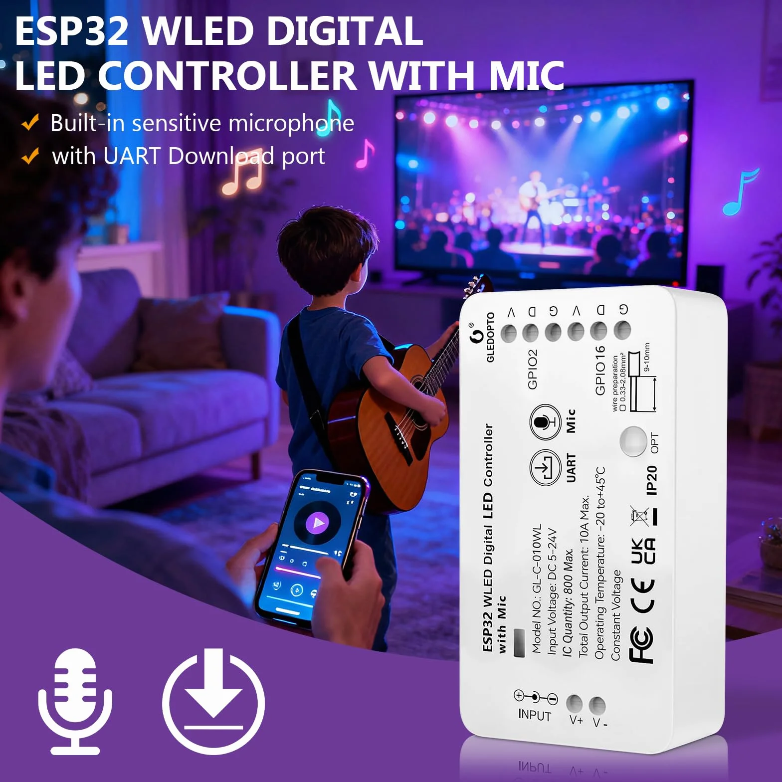 Kontroler WLED, kontroler ESP32, WLED Digital Strip Light Controller z funkcją MIC, GL-C-010WL-D Addressable Strip z mikrofonem WS2811 2812B 2813 2815/GS8208/SM16703P SK6812 /TM1814