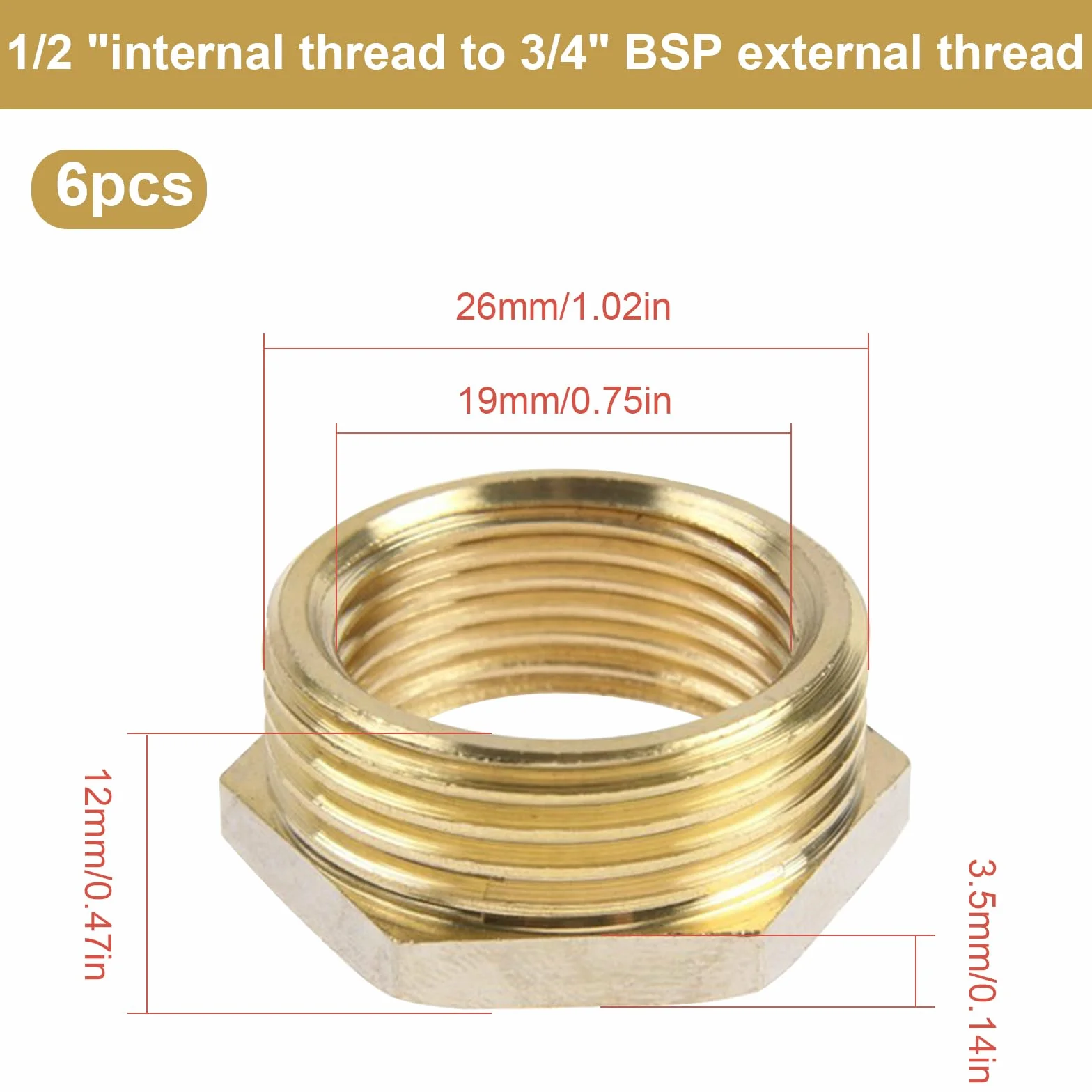 6 sztuk Zredukowany mosiężny korek męski 3/4" żeński 1/2 "mosiężny reduktor złączki gwintowane 3/4 do 1/2 cala (M Ø 26mm x F Ø 19mm) do złączek hydraulicznych