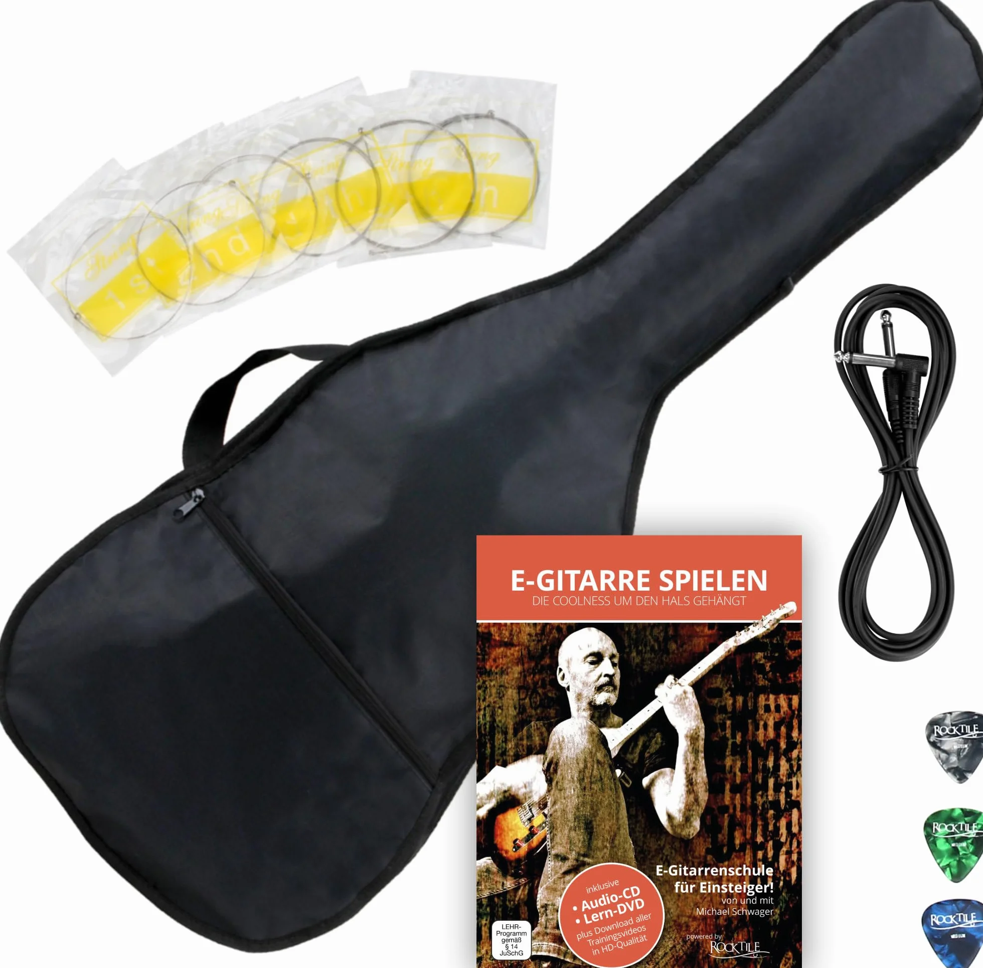 Rocktile Pro L-200BK Deluxe gitara elektryczna czarna z akcesoriami (torba na gitary, kabel, kostki gitarowe, szkoła z CD i DVD, struny gitarowe)