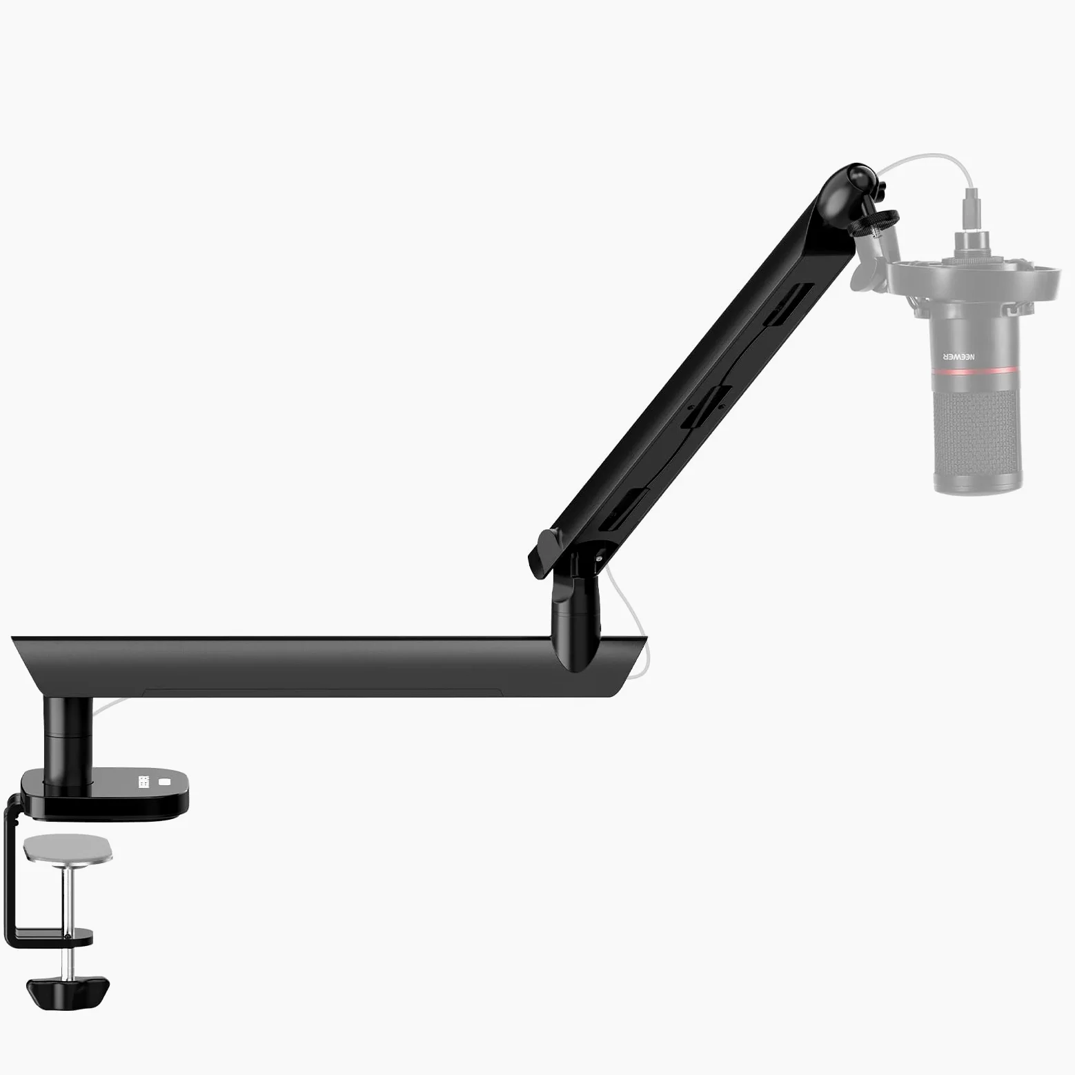 NEEWER MS007 Stojak mikrofonowy, niskoprofilowy uchwyt na mikrofon z wysięgnikiem, głowica kulowa 360°, ulepszone kanały kablowe, adaptery 3/20.3 cm 5/20.3 cm do studia gier strumieniowych podcastów