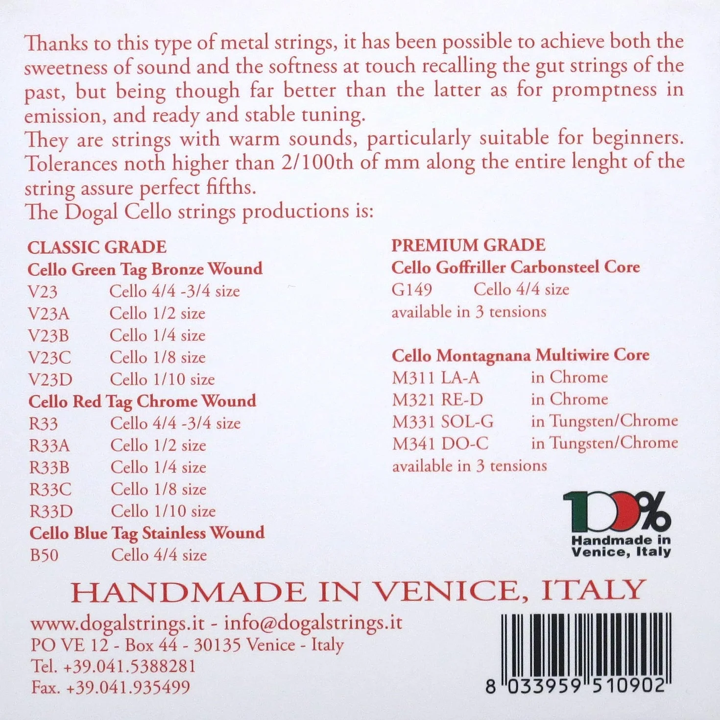 Dogal R33 CELLO SET MARCHIO ROSSO 4/4-3/4 IN CHROME struny do wiolonczeli Chrome Flat Wound