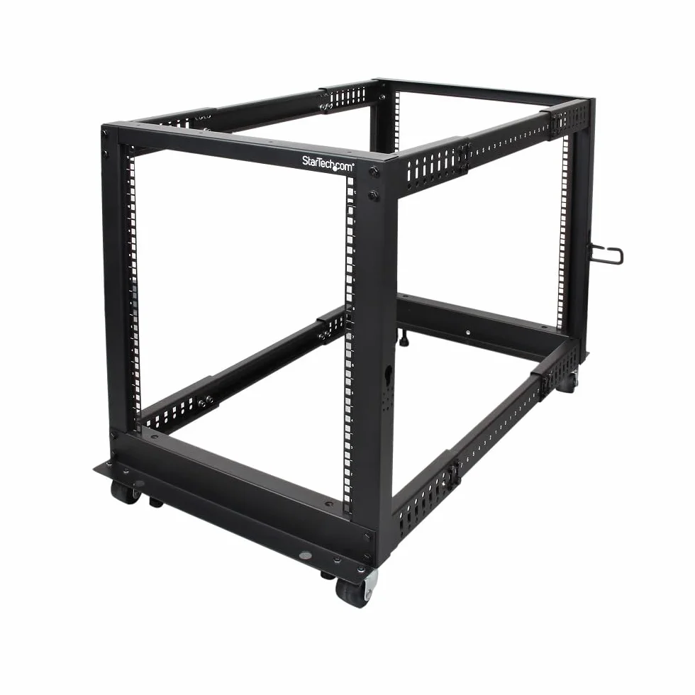 StarTech.com 4POSTRACK12U mobilny stojak na serwery z otwartymi ramkami, 4-słupkowy, 19 cali, stojak na komputery/AV/dane/urządzenia IT – rolki, nóżki poziomujące lub montaż podłogowy
