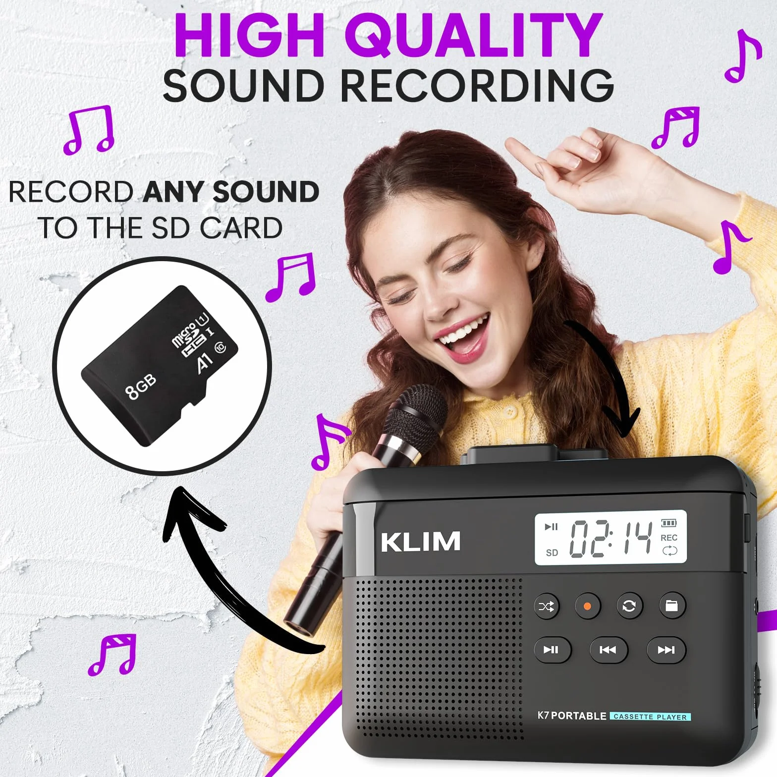 Odtwarzacz kasetowy Walkman KLIM K7 - odtwarzacz kasetowy - konwerter kasety audio na MP3 - wbudowany mikrofon i głośnik - akumulator - słuchawki - karta SD 8 GB
