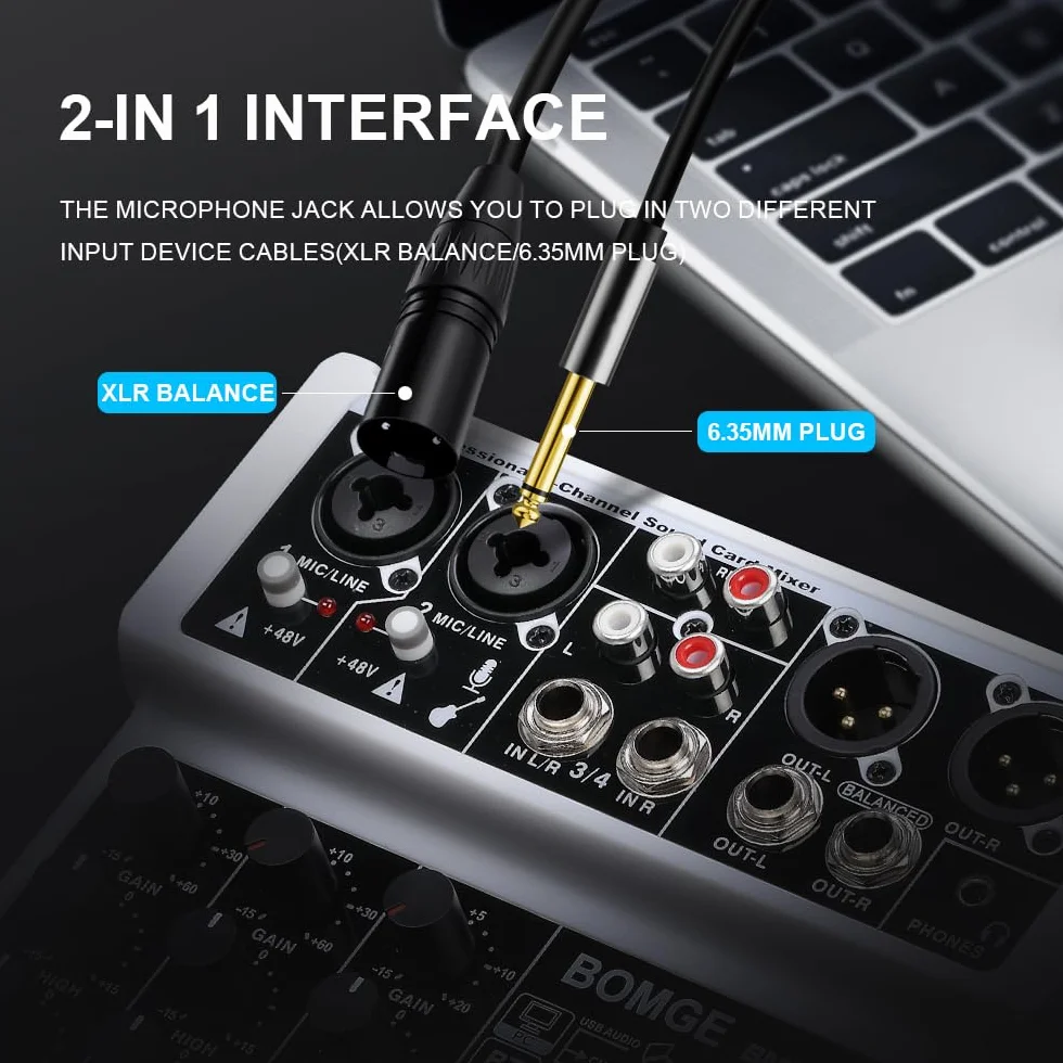 BOMGE 4-kanałowy mikser dźwięku DJ z Bluetooth MP3/USB 48V 24 DSP efekty Echo biały