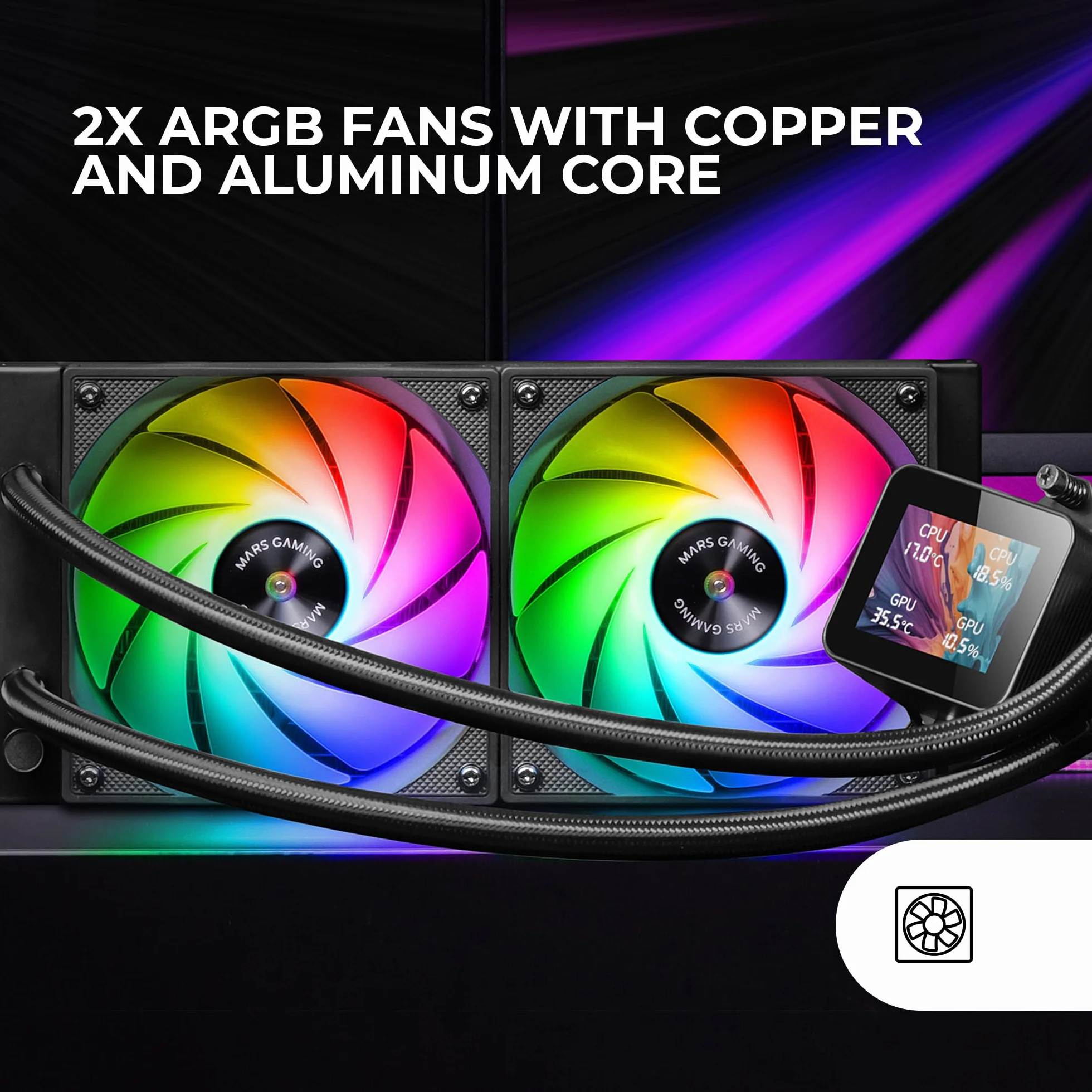 Mars Gaming ML-VISION240, Chłodzenie Cieczą AIO, TDP 500W, 2x Wentylatory ARGB Rdzeniem Miedzianym i Aluminiowym FDB, Ekran LCD IPS 4:3 Obrotem 360° i Oprogramowaniem, Uniwersalny Multisocket, Czarny