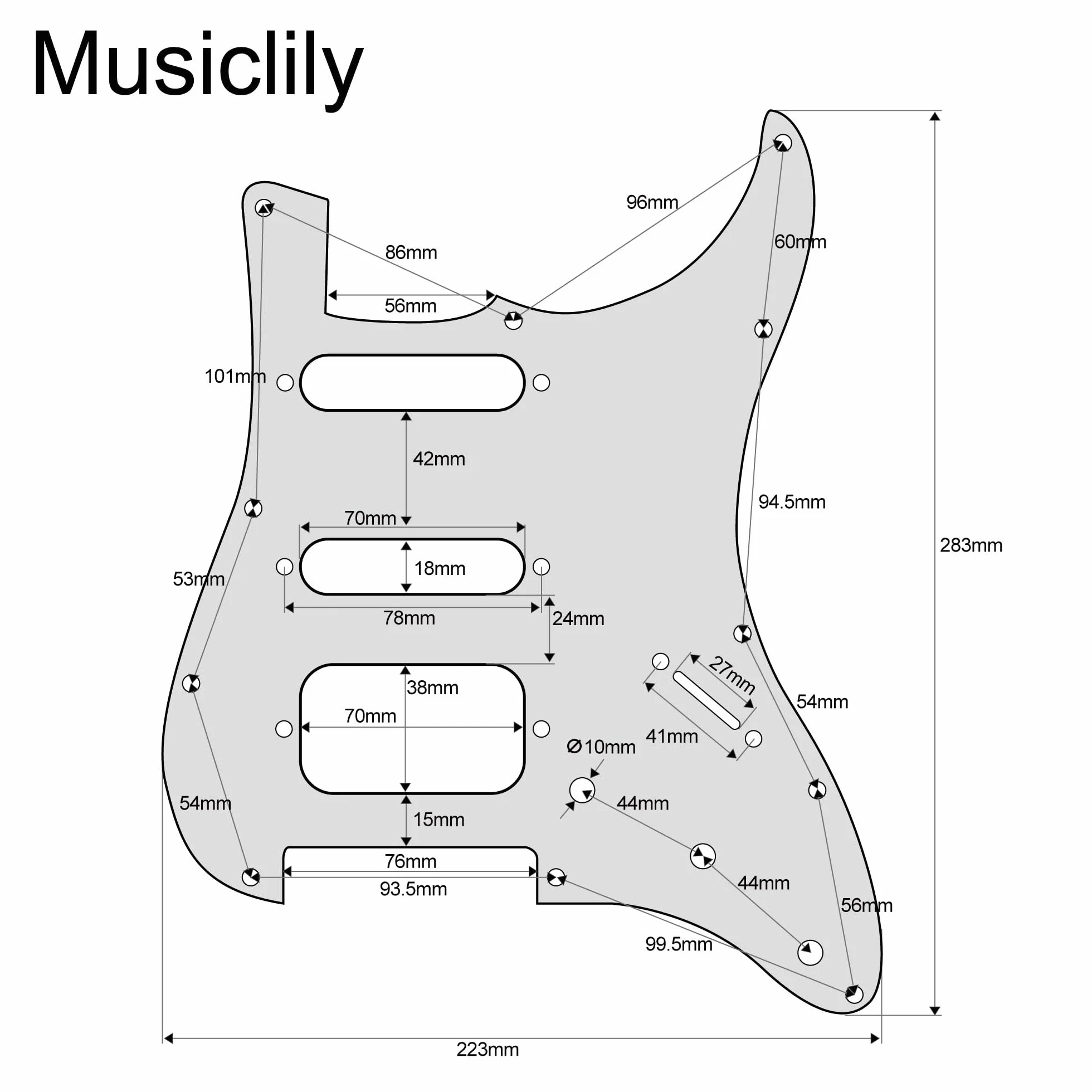 Musiclily Pro 11 Otworów Okrągły Narożnik SSH Pickguard do Gitary Elektrycznej typu Strat z Odkrytym Humbucker, 3-warstwowy Kremowy