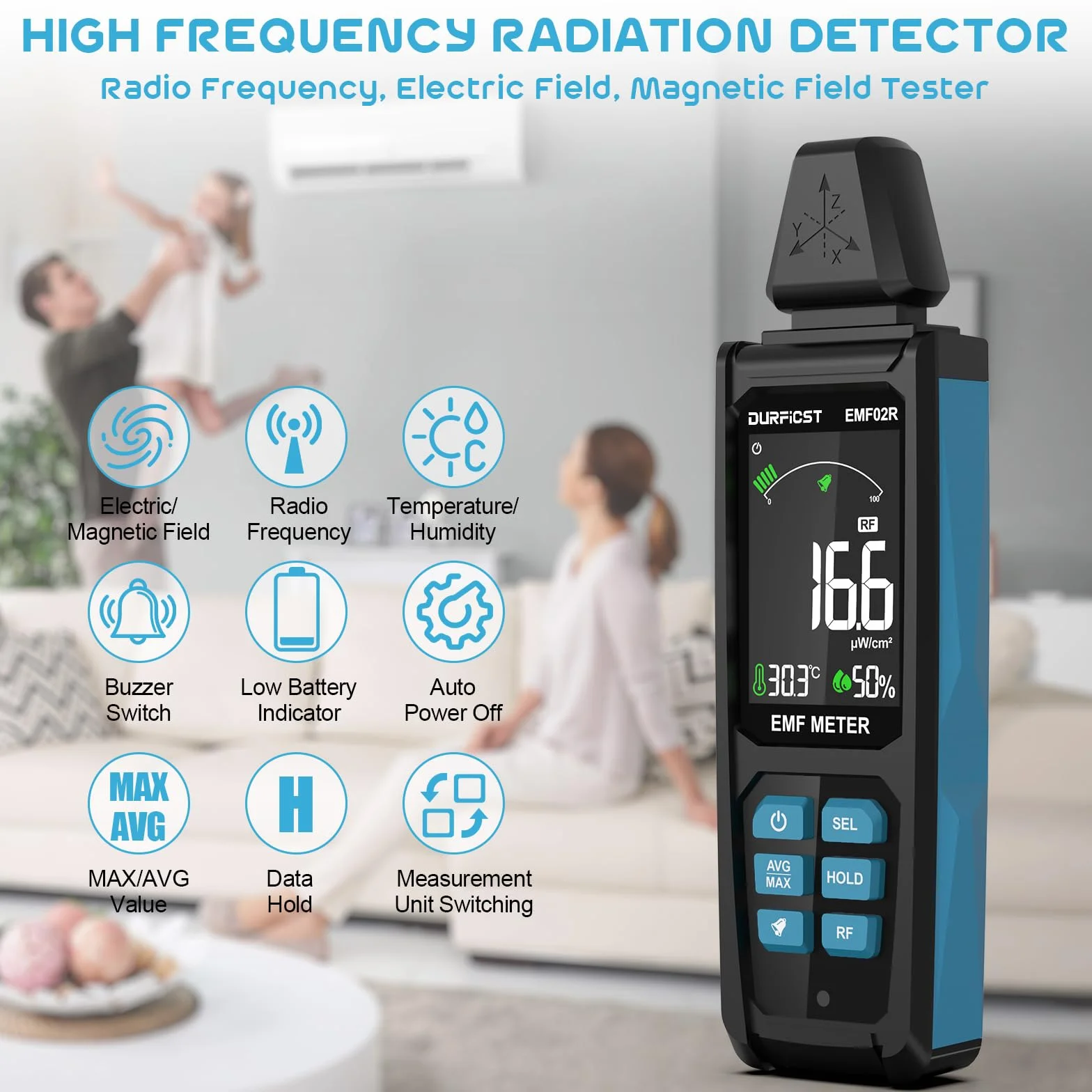 Miernik Pola Elektromagnetycznego, DURFICST 5 w 1 Akumulatorowy Detektor Promieniowania Pla Elektromagnetycznego Dla EF, RF, MF i WiFi, WieżeTtelefonii Komórkowej, Inteligentne Liczniki, Bluetooth
