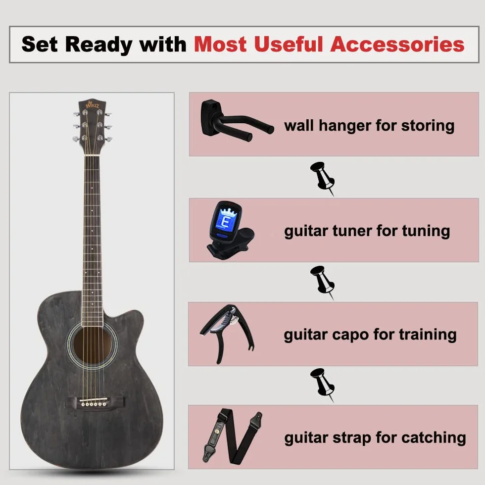 Winzz gitara akustyczna dla dzieci 3/4, gitara Western, Czarno-szary, 36”, zestaw dla początkujących