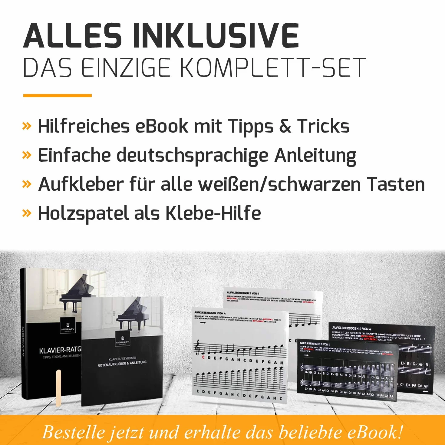 MORIATY® naklejki na fortepian + keyboard na 49 / 61 / 76 / 88 klawiszy + szkoła na fortepian, kompletny zestaw naklejek na czarne i białe klawisze, C-D-E-F-G-A-H, wraz z instrukcją obsługi w języku niemieckim