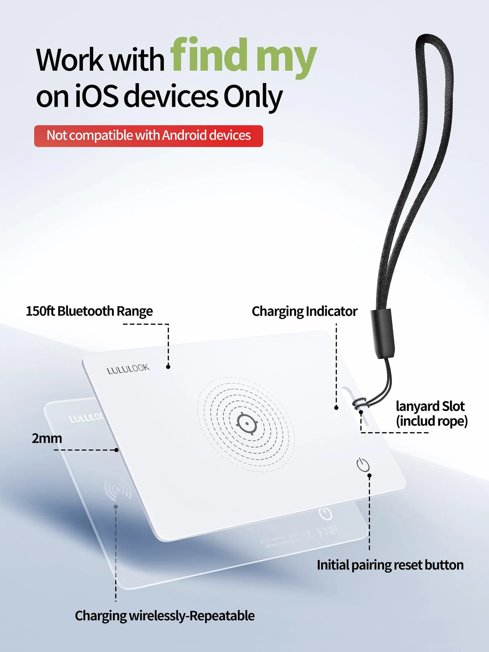 LULULOOK Karta AirTag z możliwością ponownego ładowania, 3 sztuki, cienkie portfele, tracker Smartcard Tracker kompatybilny z Apple Find My (tylko z systemem iOS) karta Bluetooth do portfela