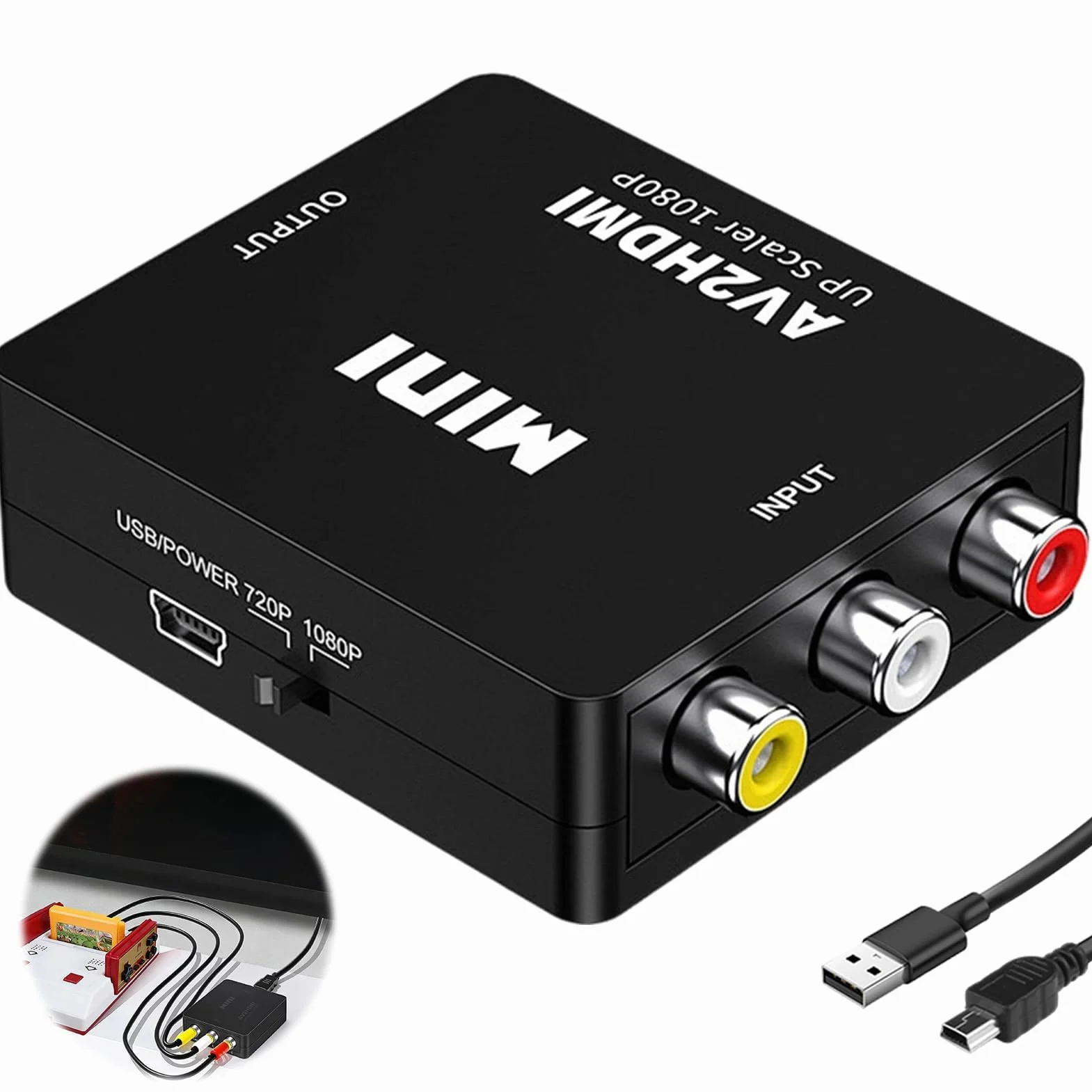 Konwerter RCA na HDMI 1080P, adapter RCA na HDMI z kablem USB, Mini AV Composite CVBS Video Audio Converter Adapter, obsługuje PAL/NTSC/SECAM, dla Xbox 360 PS1 PS2 WII VHS Camera, Plug & Play