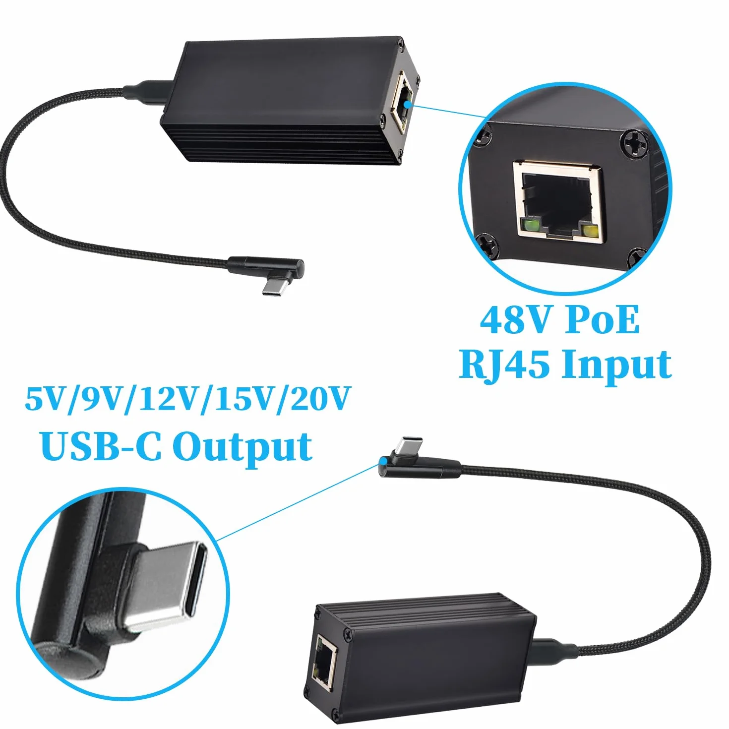 Gigabitowy adapter konwertera PoE na USB-C, moc wyjściowa typu C i Ethernet 2 w 1, maks. ładowanie 45 W 5 V do 20 V, do smartfona, tabletu, laptopa, szybkość 1000 Mb/s, IEEE802.3af/at/bt