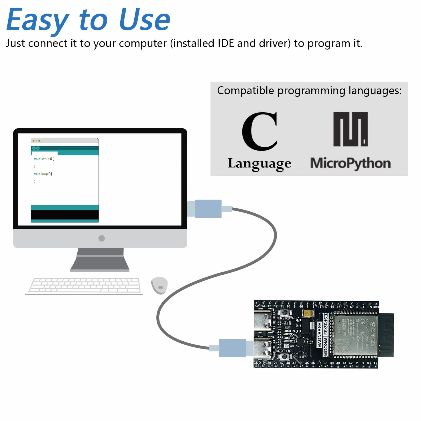 Freenove ESP32-S3 ESP32 S3 Board Lite (2 Pack), Dual-core 32-bit 240 MHz Microcontroller, Onboard Wireless, Python C Code, Example Projects Tutorial