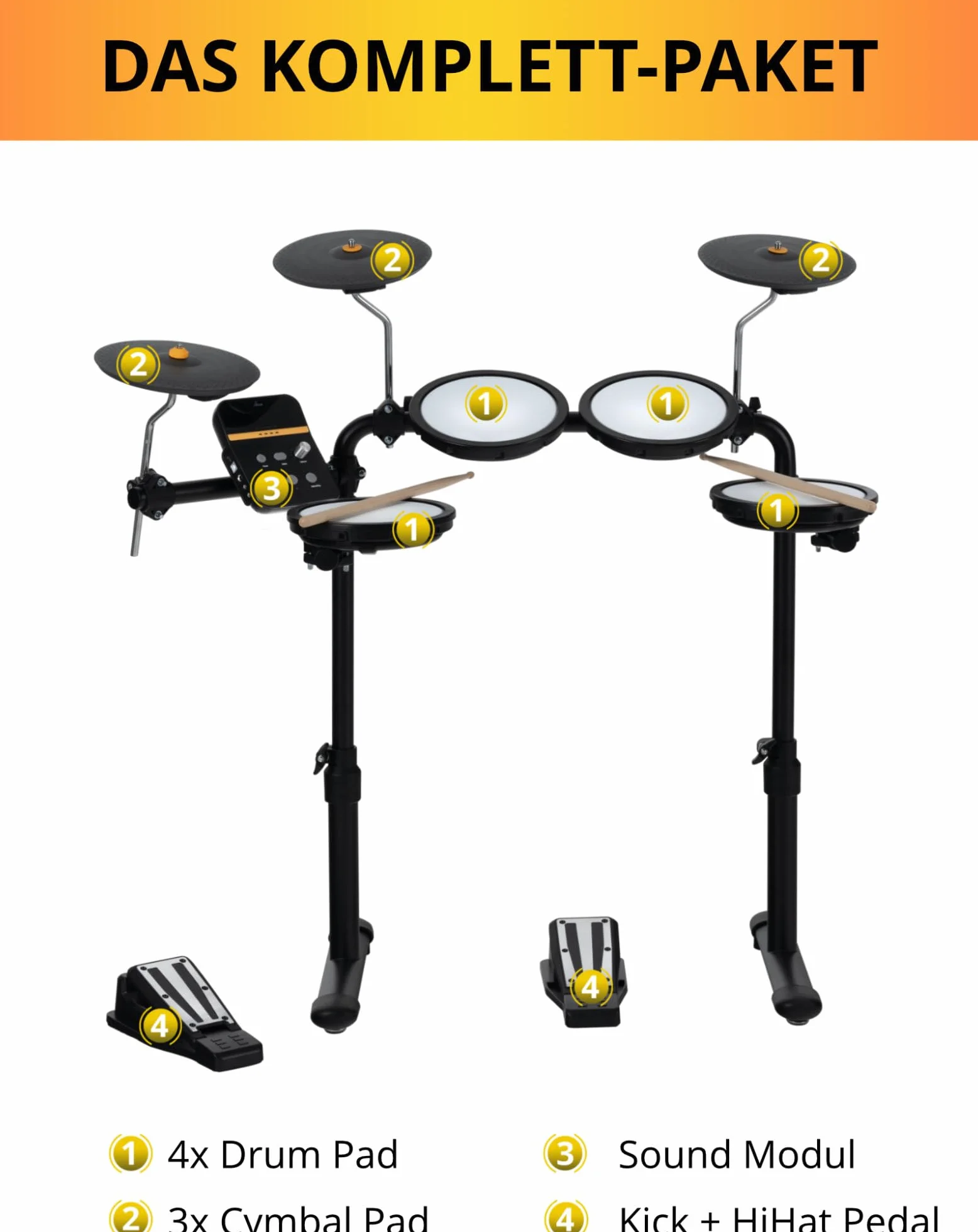 XDrum DD-250 zestaw perkusyjny z głowicami siatkowymi – perkusja elektroniczna z 4 podkładkami z siateczki, 3 podkładkami na talerze, kontrolerem nożnym Kick & Snare, Rack & Sticks – 12 zestawów z 68
