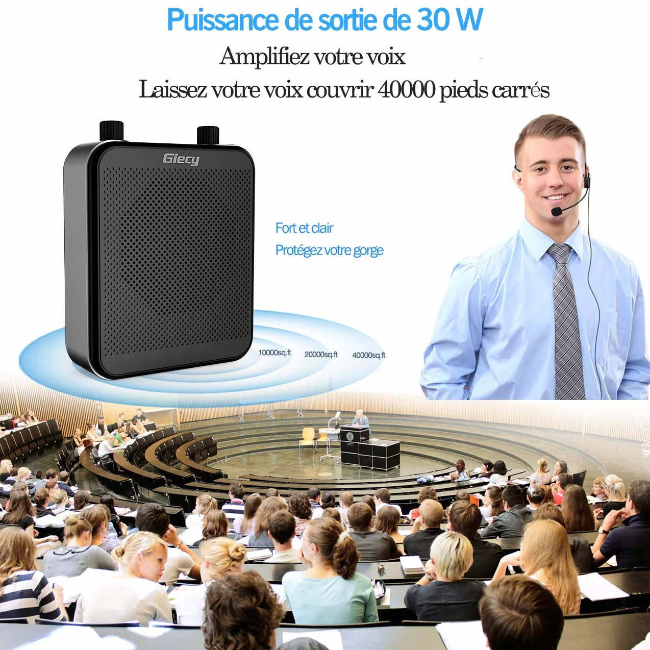 Przenośny wzmacniacz głosowy 30 W z mikrofonem zestaw słuchawkowy akumulator 2800 mAh