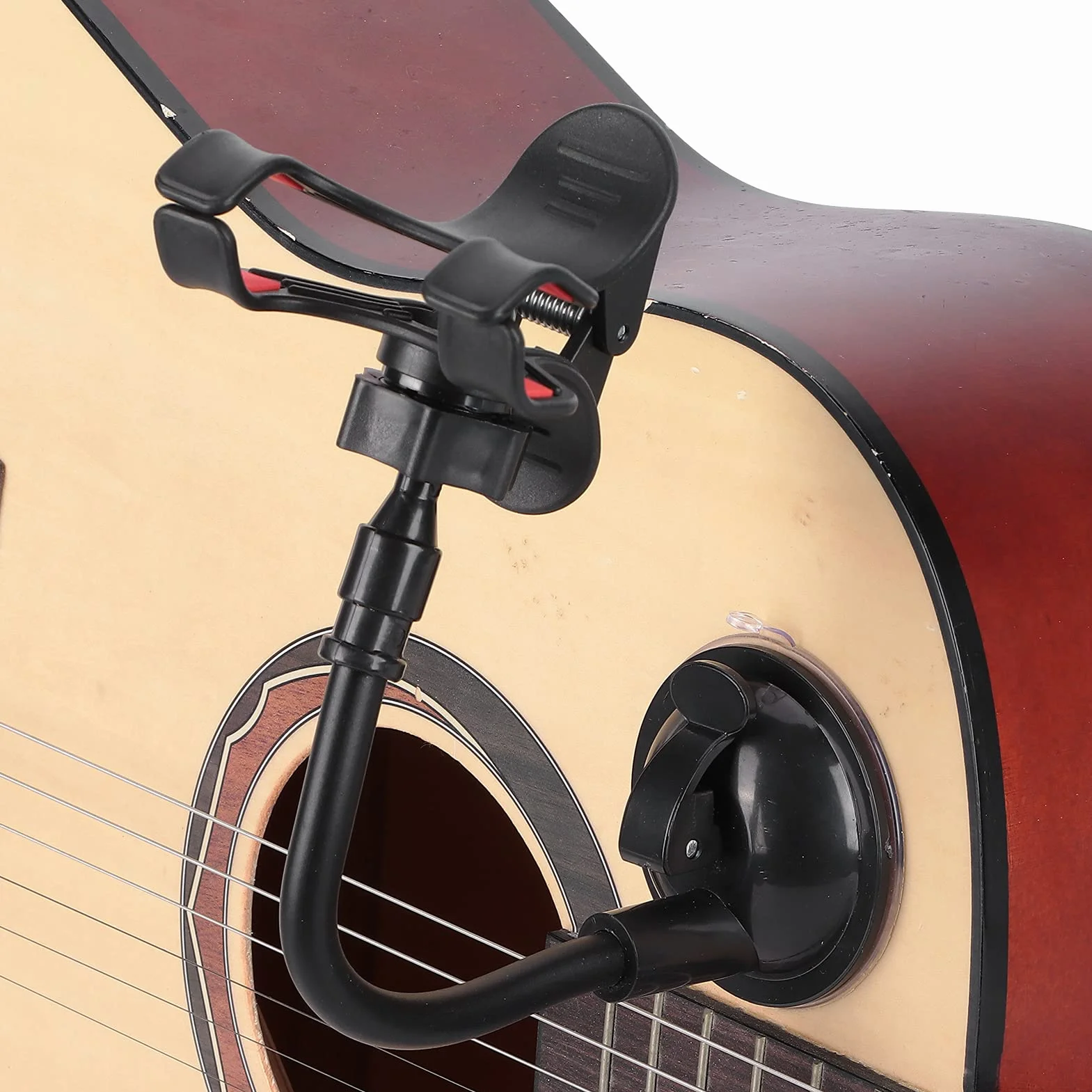 Obrotowy uchwyt na telefon gitarowy o 360 stopni, uchwyt na klips do smartfonów (rozmiar: 12 x 6 cm / 4,7 x 2,4 cala i poniżej), bezpieczny i stabilny, praktyczny do gry na gitarze, nagrywania