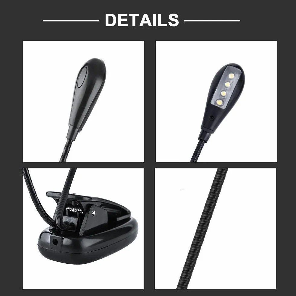 Clip on Lampka do czytania, Clip On Stojak na nuty Czytanie książek Mini podwójne regulowane ramiona Światło Lampa LED Akumulatorowa Elastyczna lampka LED do pielęgnacji oczu Idealny zamiennik dla robaków książkowych, dzieci i odtwarzaczy muzycznych